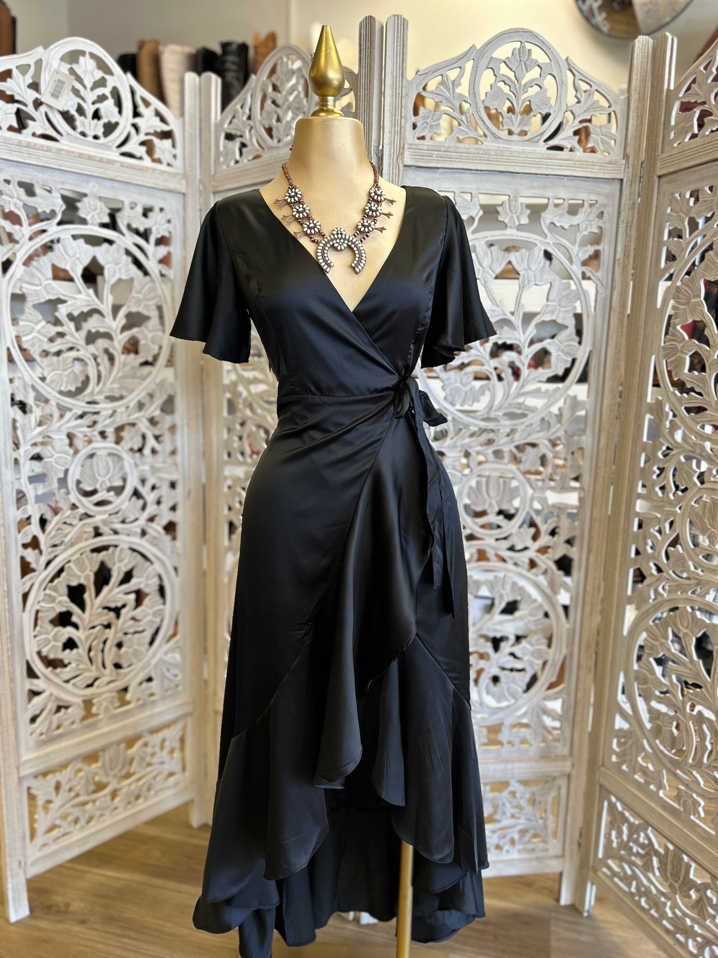 Black Ruffle Wrapped Maxi Dress - Not Stretchy