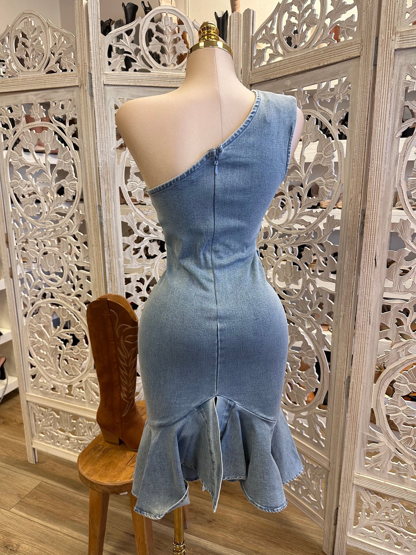 Denim One Shoulder Flared Ruffle Dress- Stretchy