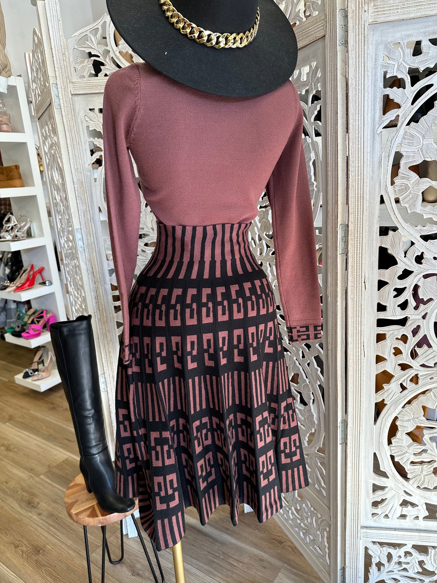 Mock Neck Top and Skirt Patterned Set