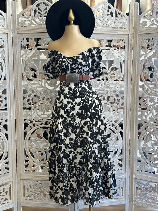 Black Puff Sleeve Floral Maxi Dress- Slightly Stretchy