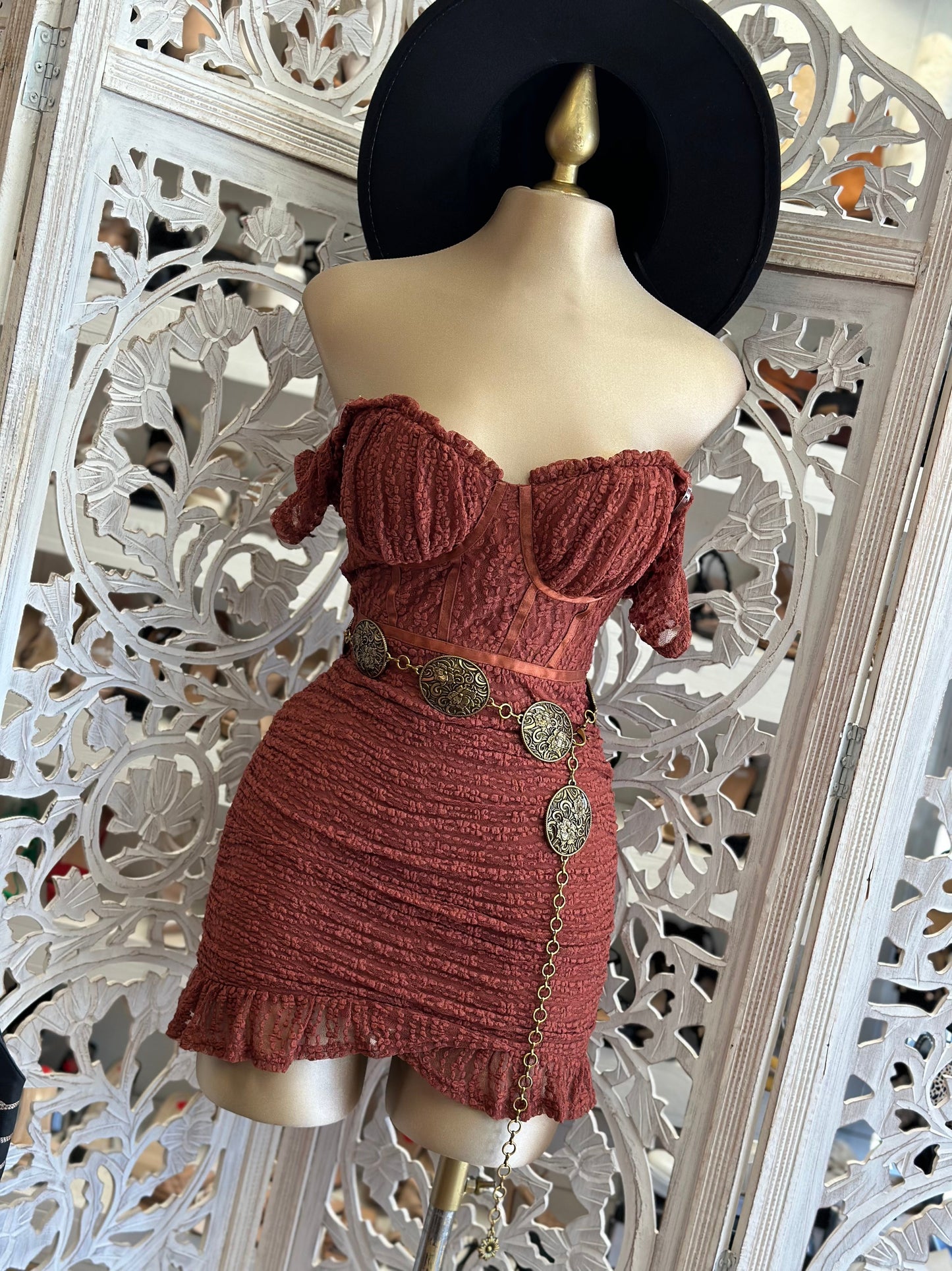 Rust Lace Satin Lined Mini Dress