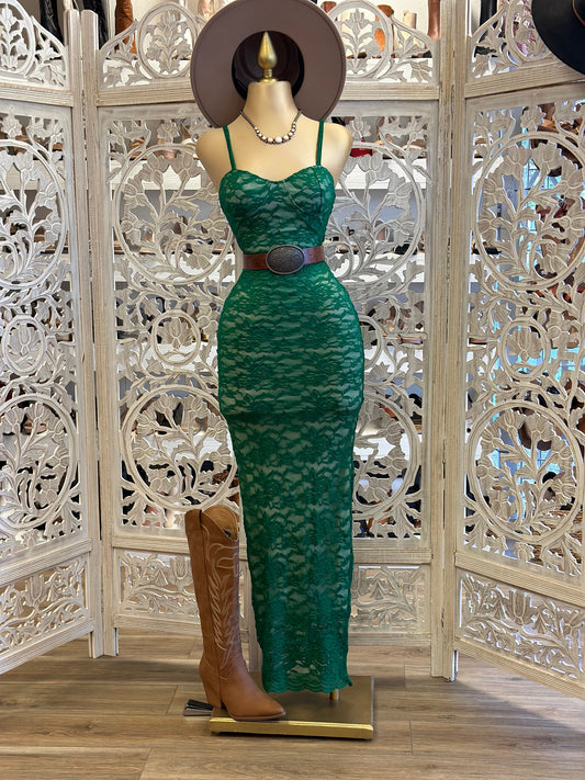 Dark Green Lace Maxi Dress- Stretchy