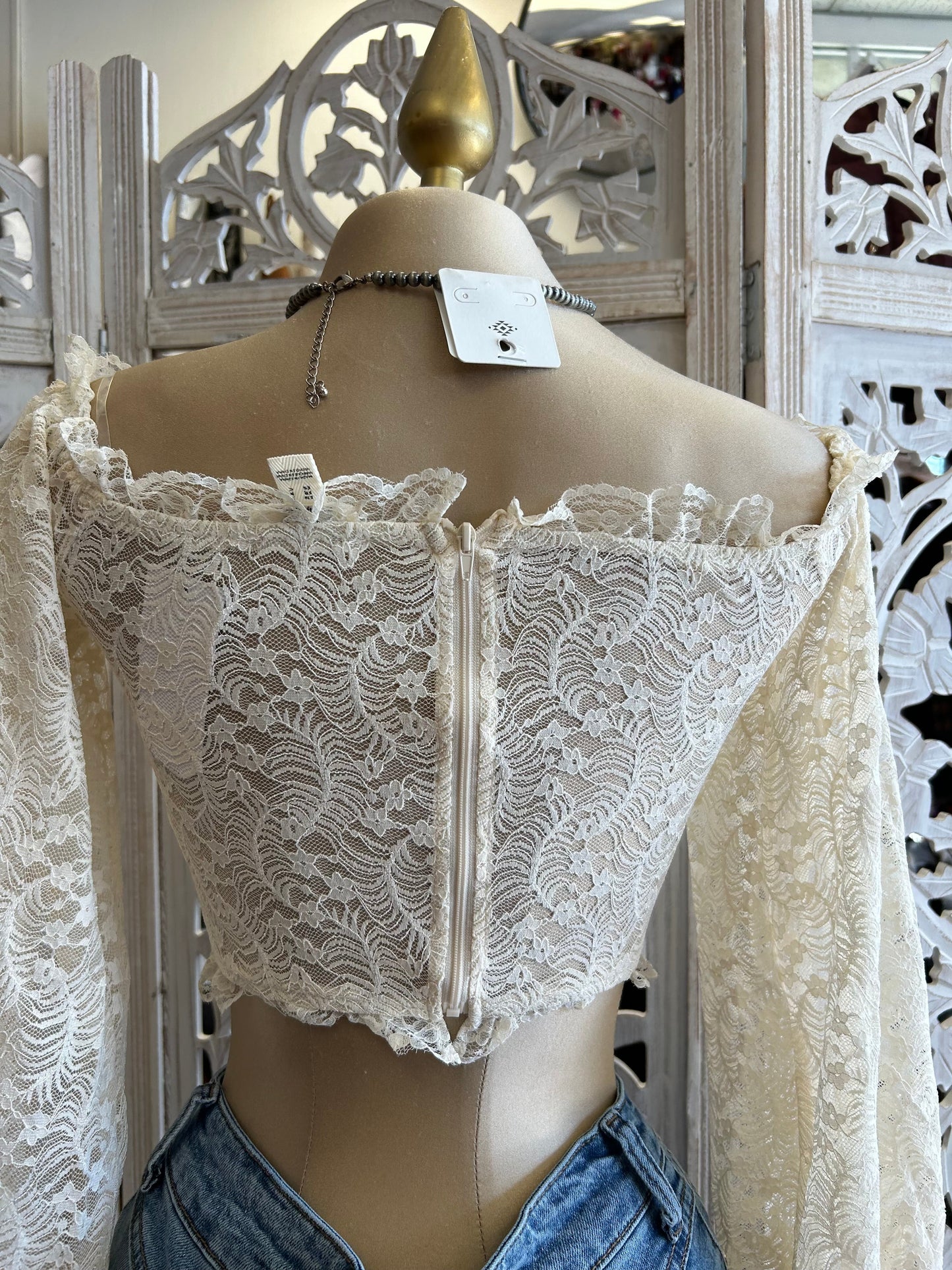 Cream Lace Tie Up Off Shoulder Crop