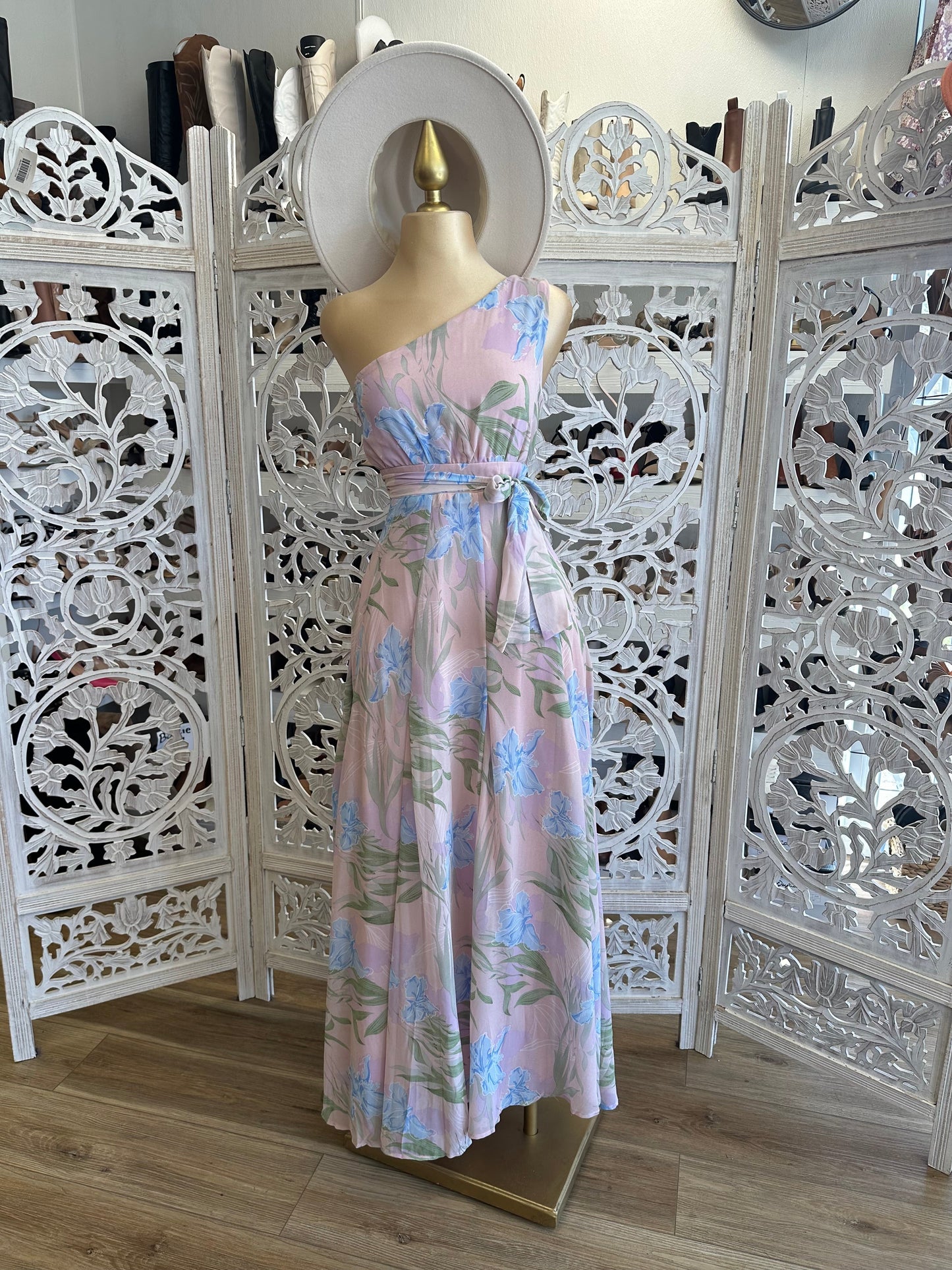 One Sleeve Maxi Faint Pink Floral Dress- Not Stretchy