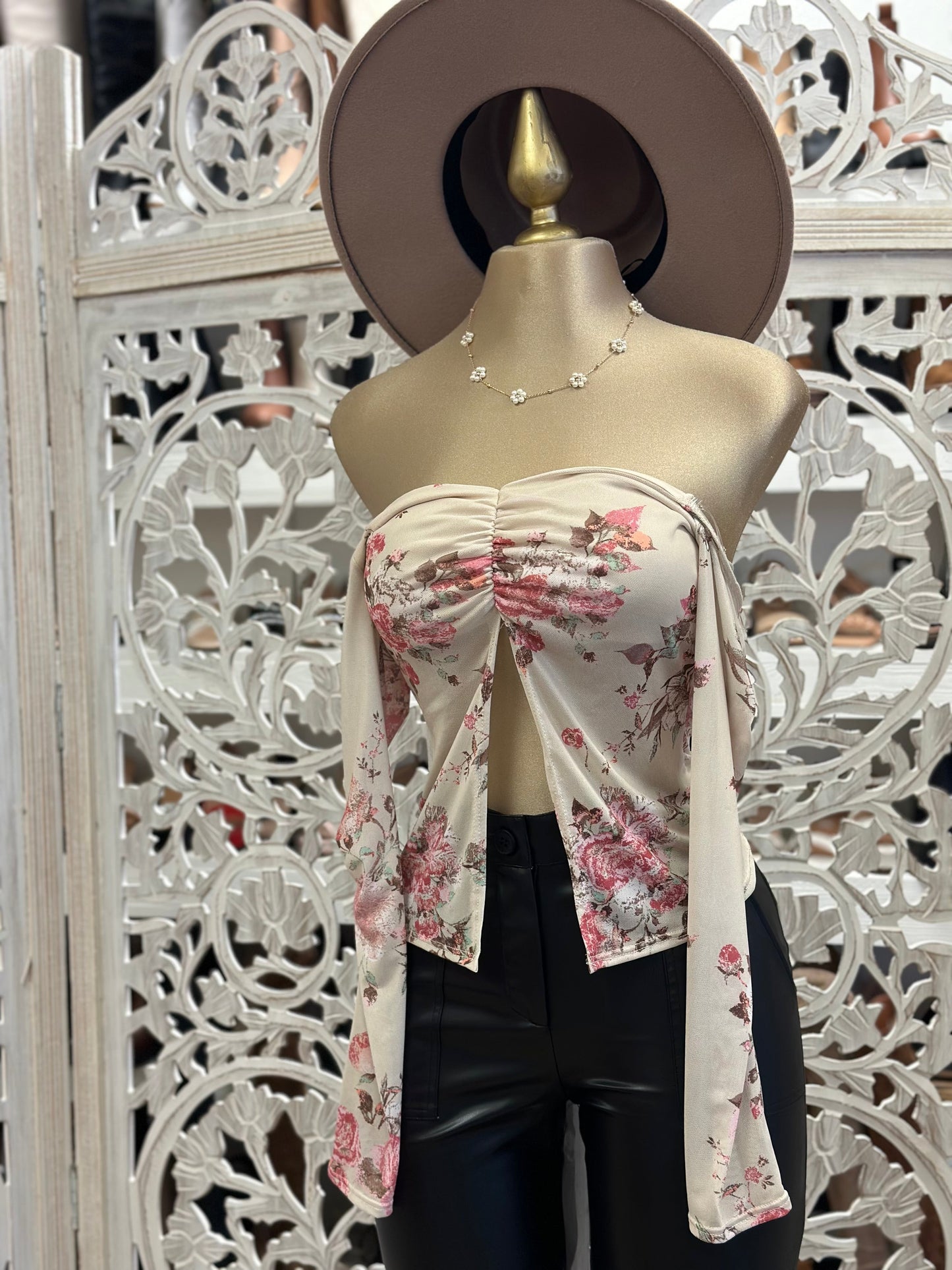 Floral Ribbon Split Blouse