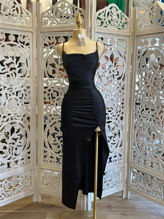 Black Ruched Cowl Gown