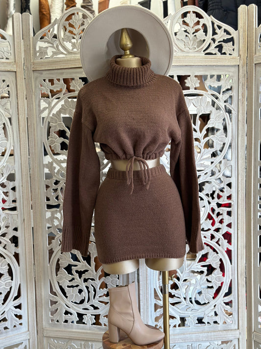 Brown Knit Turtleneck Set