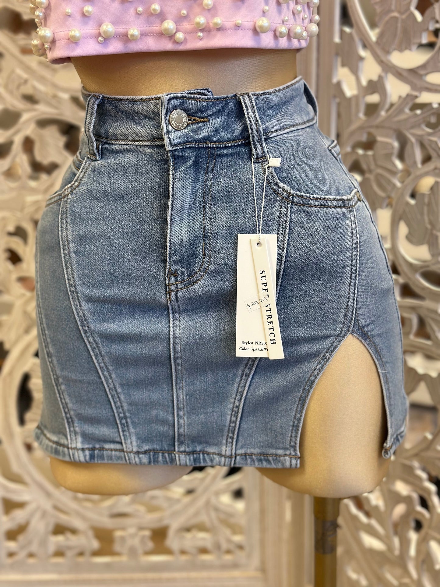 Denim Slit Mini Skirt- Stretchy