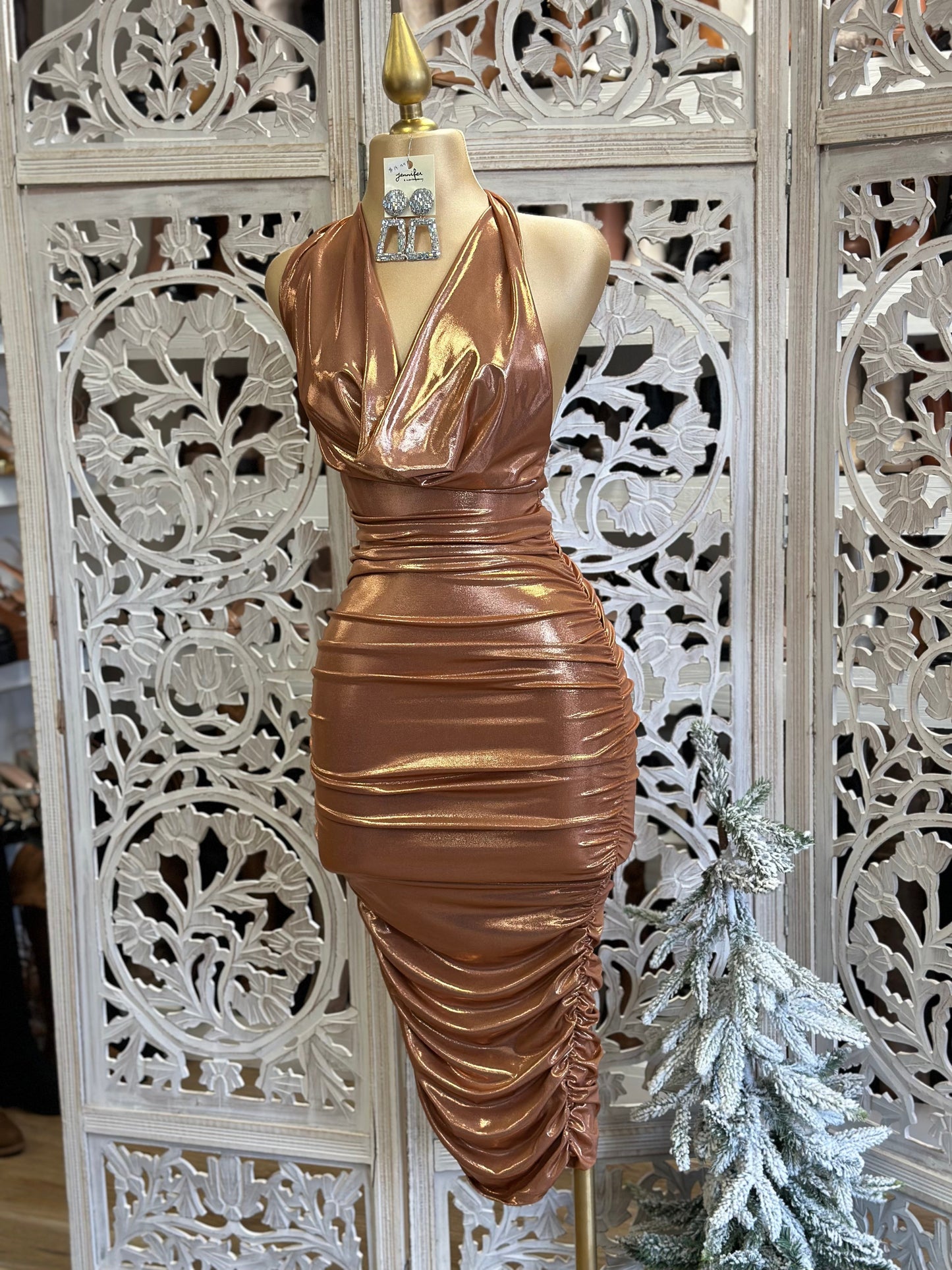 Rose Gold Cowl Neck Mini Dress