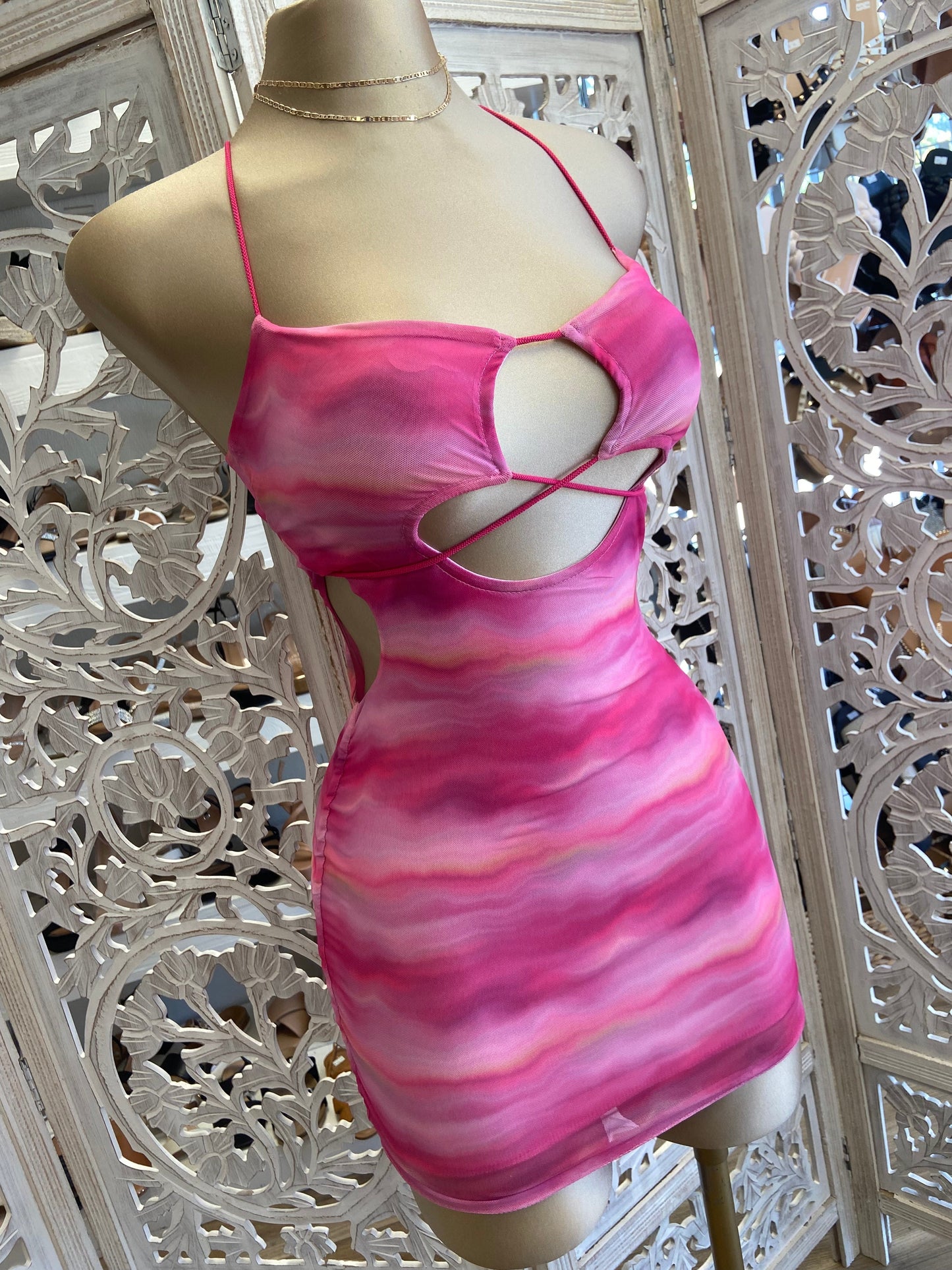 Tie Dye Hot Pink Cutout Mini Dress