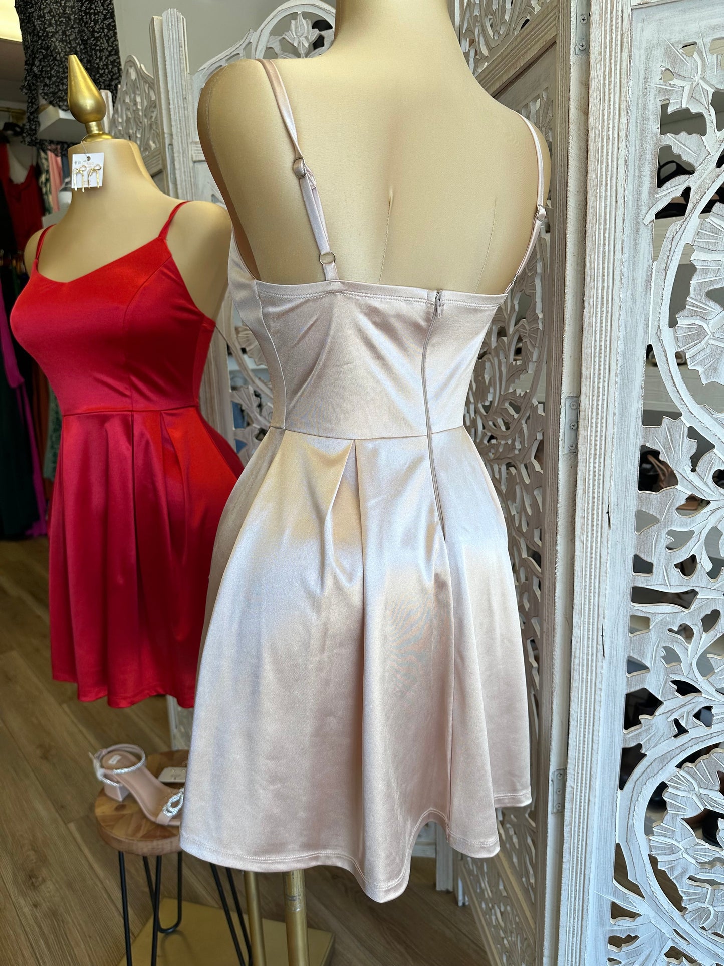 Satin Strappy Fit and Flare Dress-Stretchy