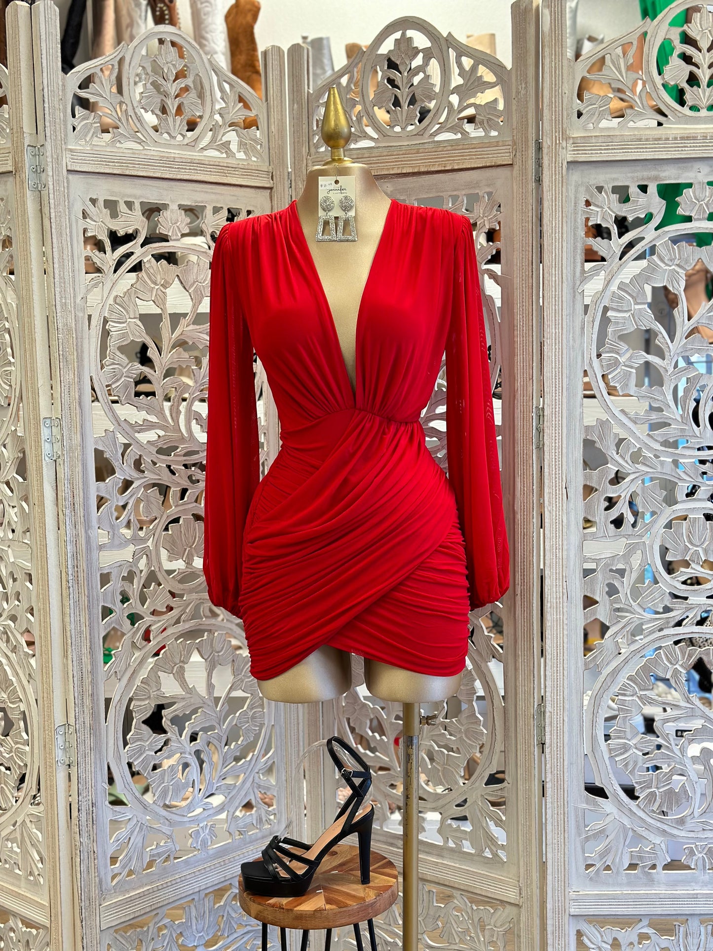 Cherry Red Deep V Mini Wrapped Dress