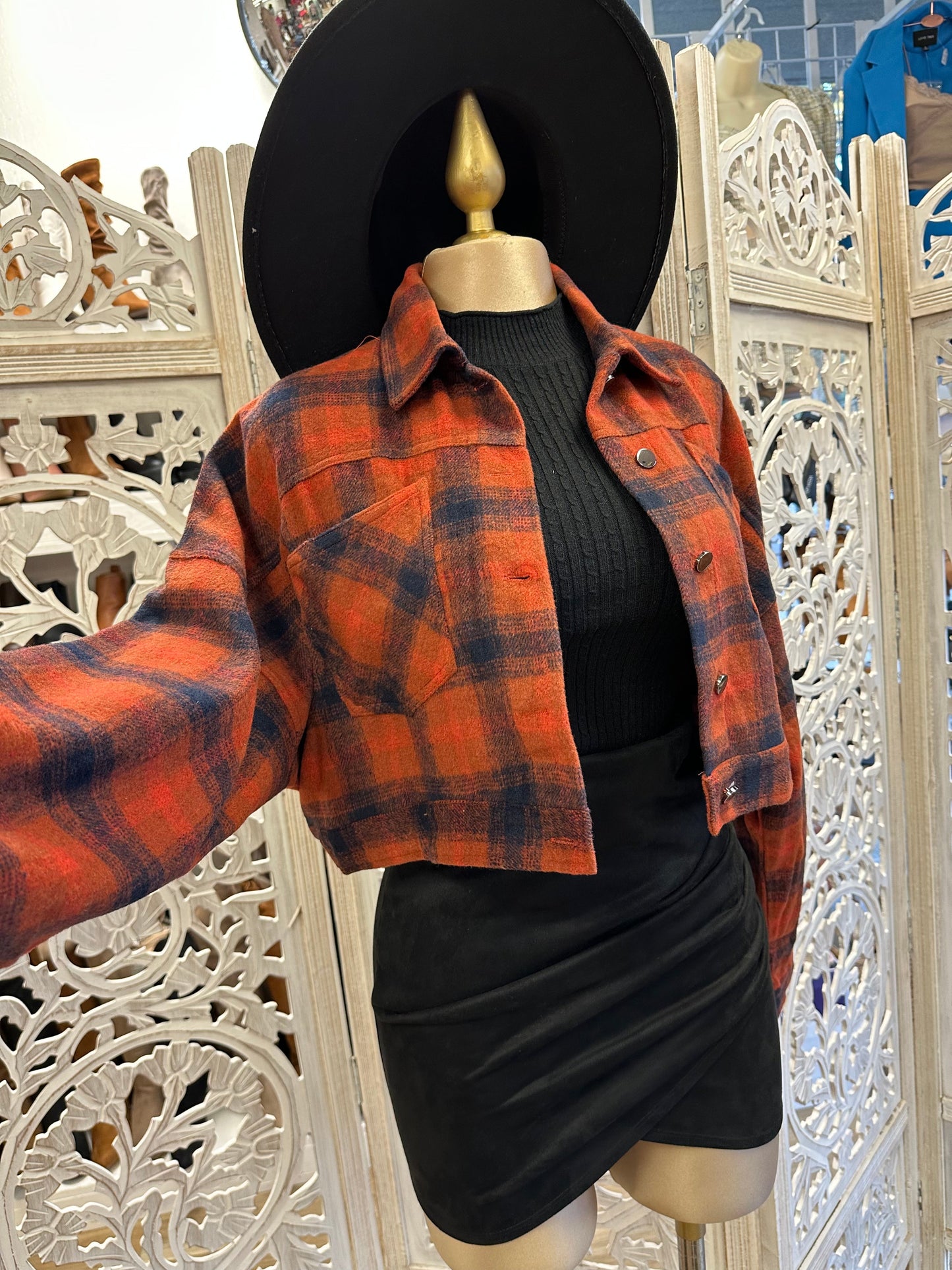 Cognac Cropped Plaid Jacket