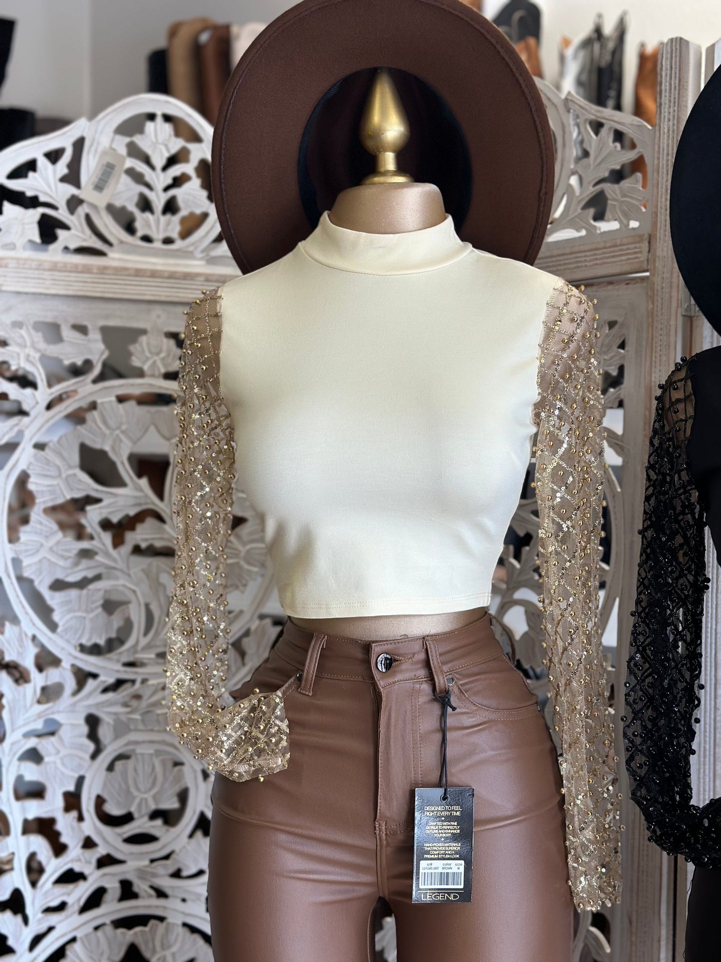 Embellished Sleeve Mock Neck Blouse