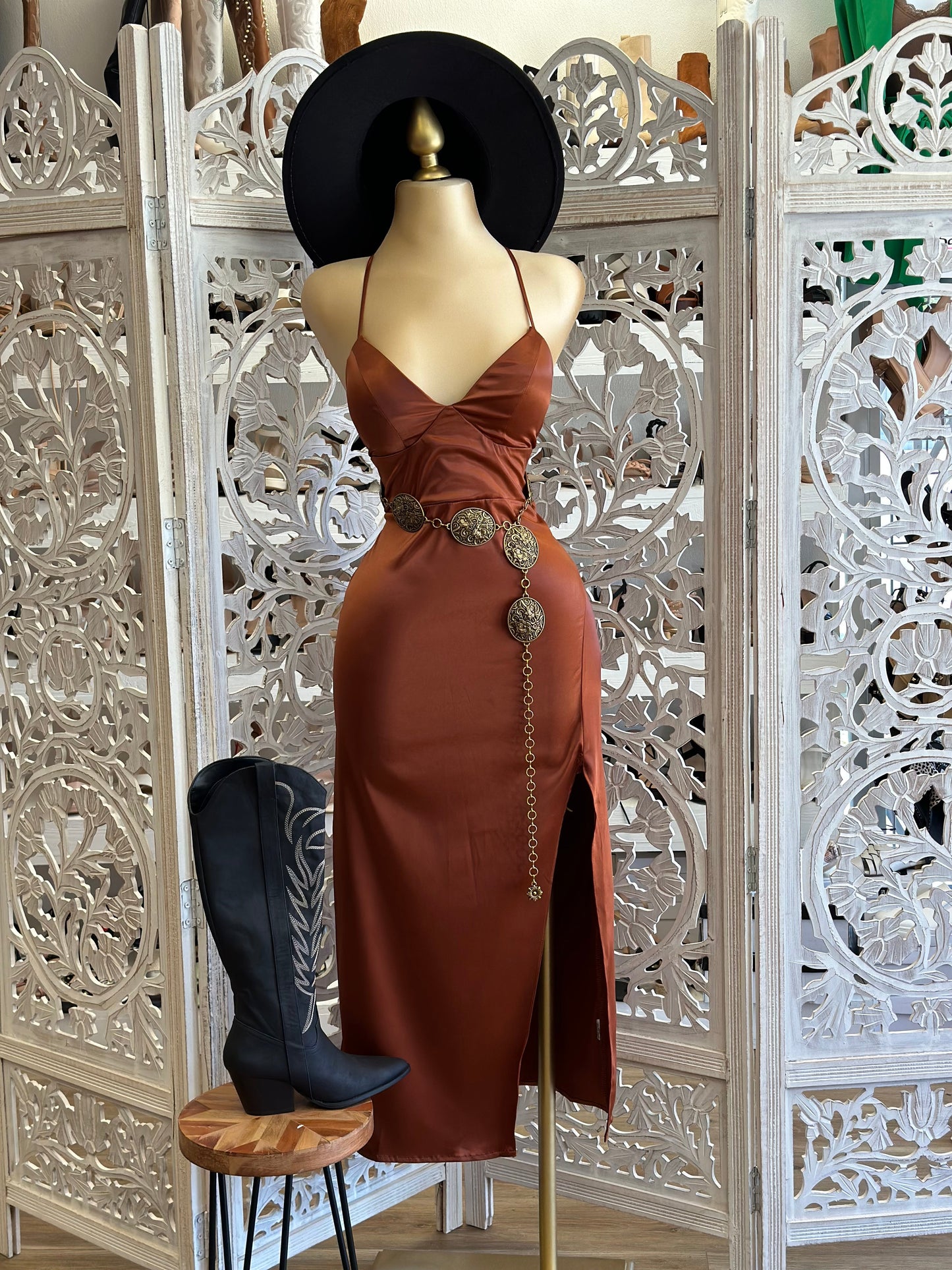 Coffee Brown Satin Tie Back Dress