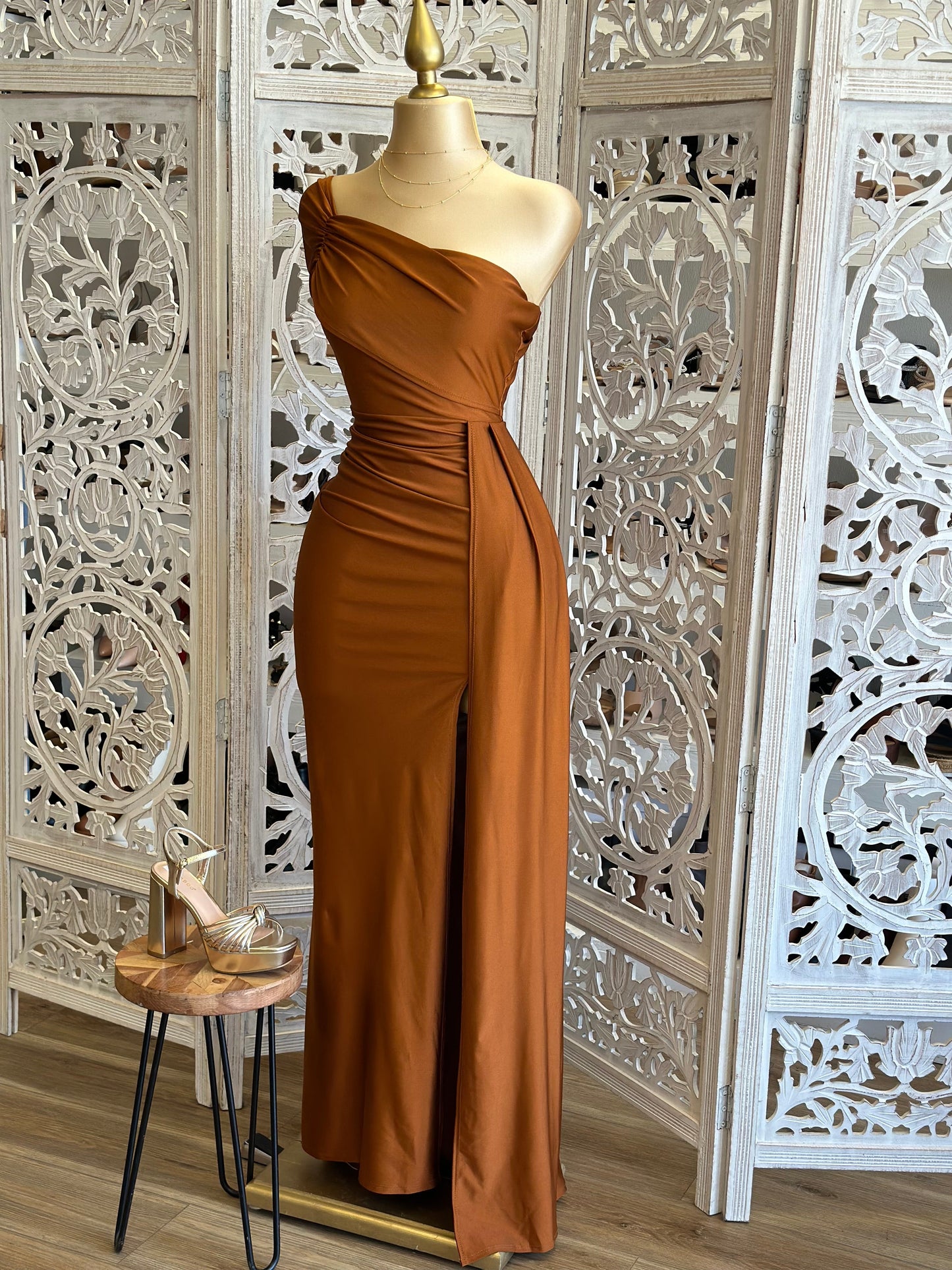 Bronze One Sleeve Ruched Formal Dress- Stretchy