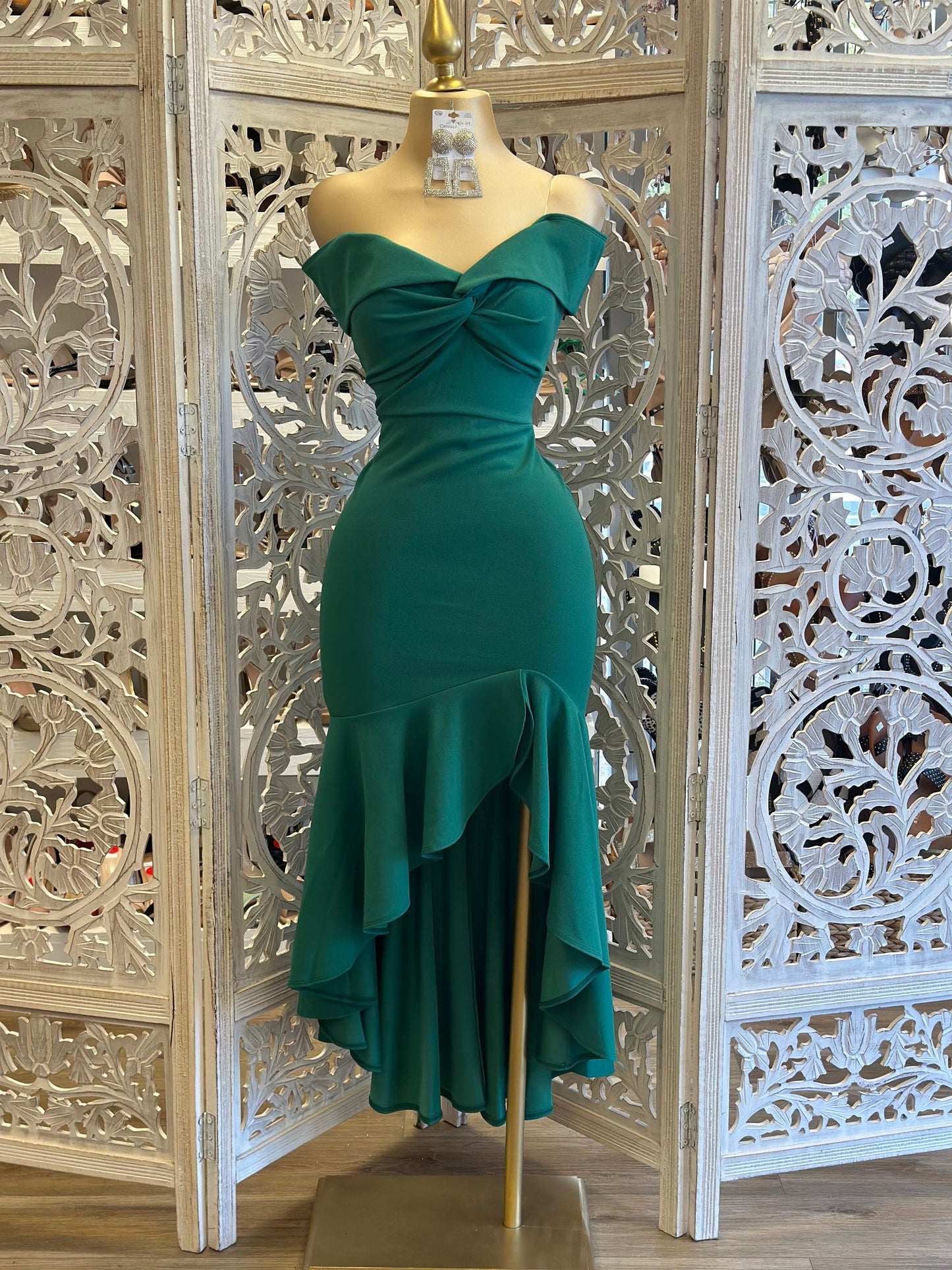 Off Shoulder Ruffle Draped Dress Hunter Green