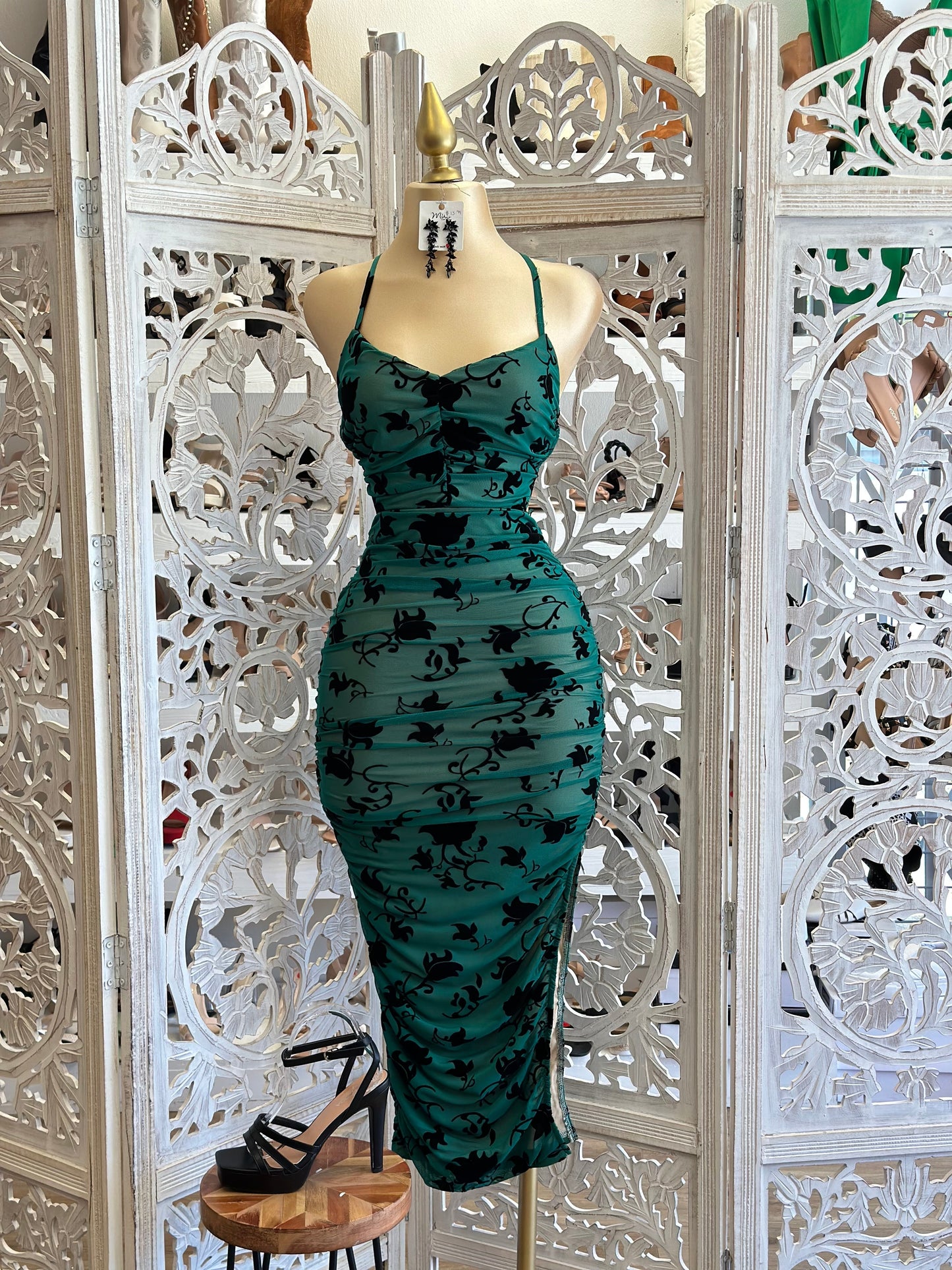 Emerald Velvet Floral Tie Back Dress