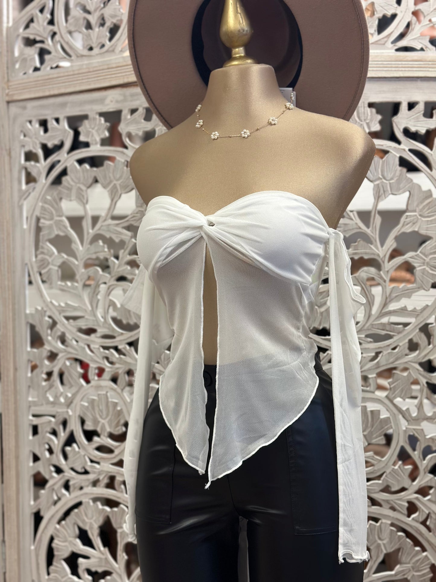 White Ribbon Split Blouse