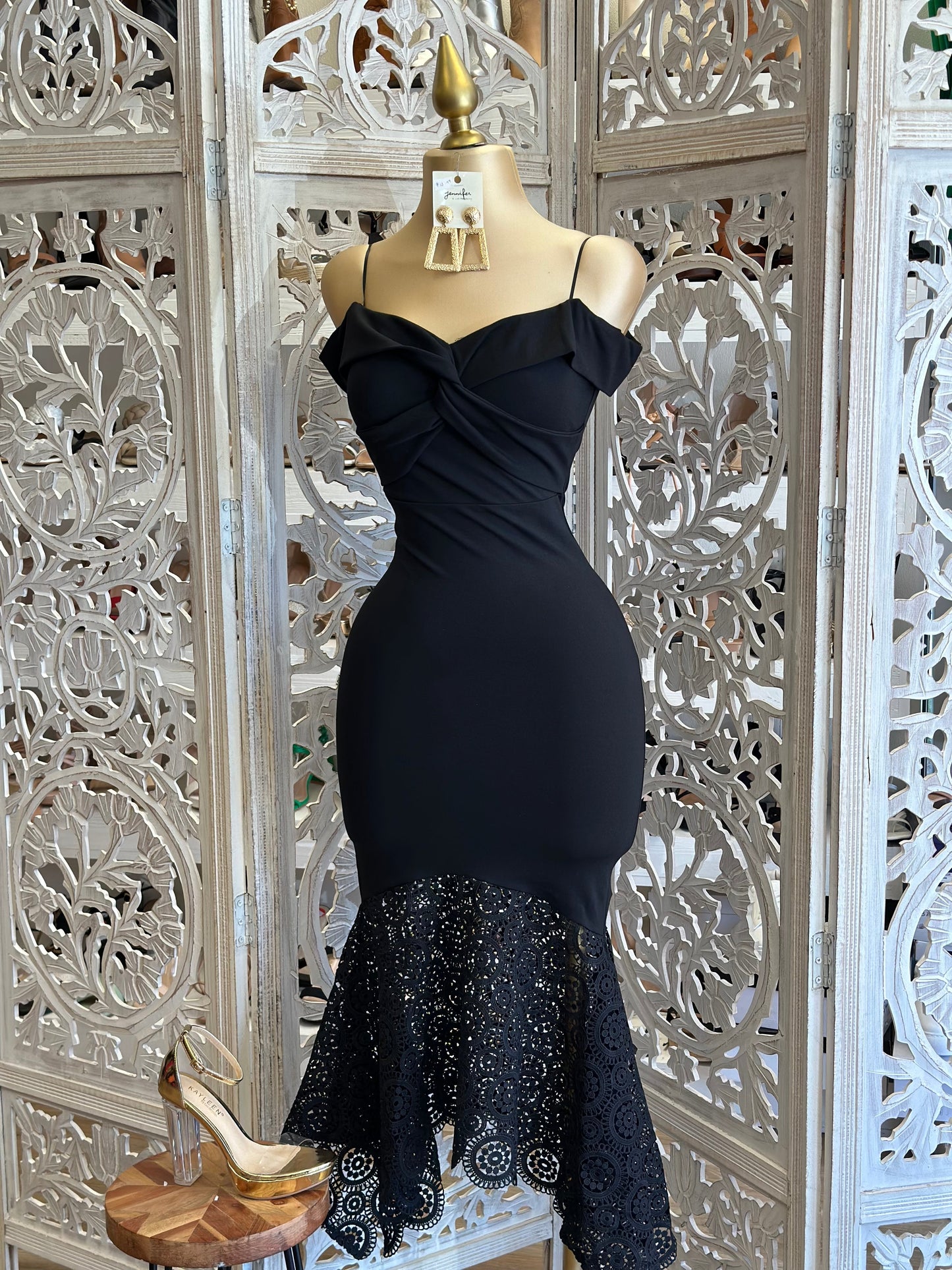 Off Shoulder Black Lace Bottom Dress