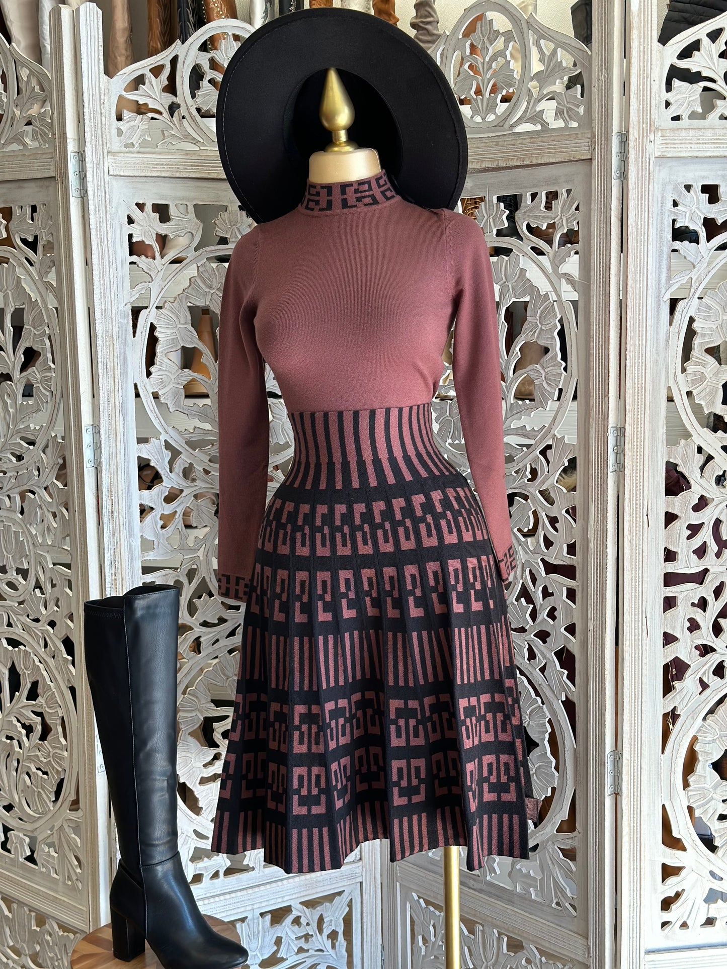 Mock Neck Top and Skirt Patterned Set