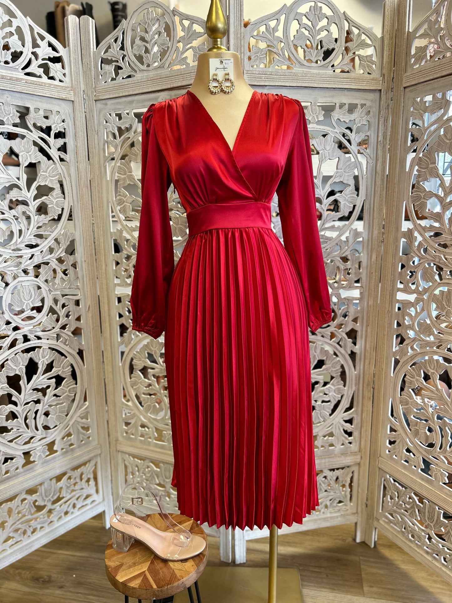 Red Satin Wrapped Pleated Dress- Not Stretchy