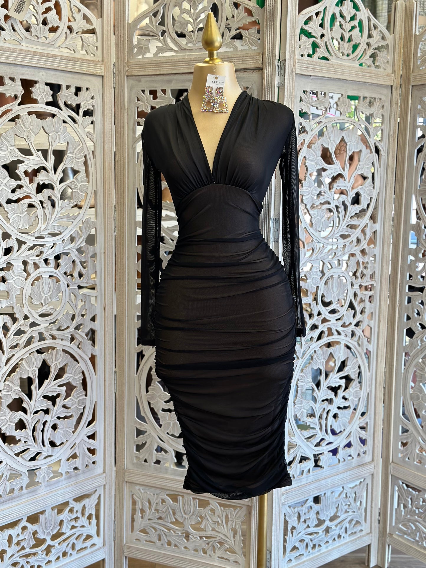 Black Crossed Mesh Midi Dress