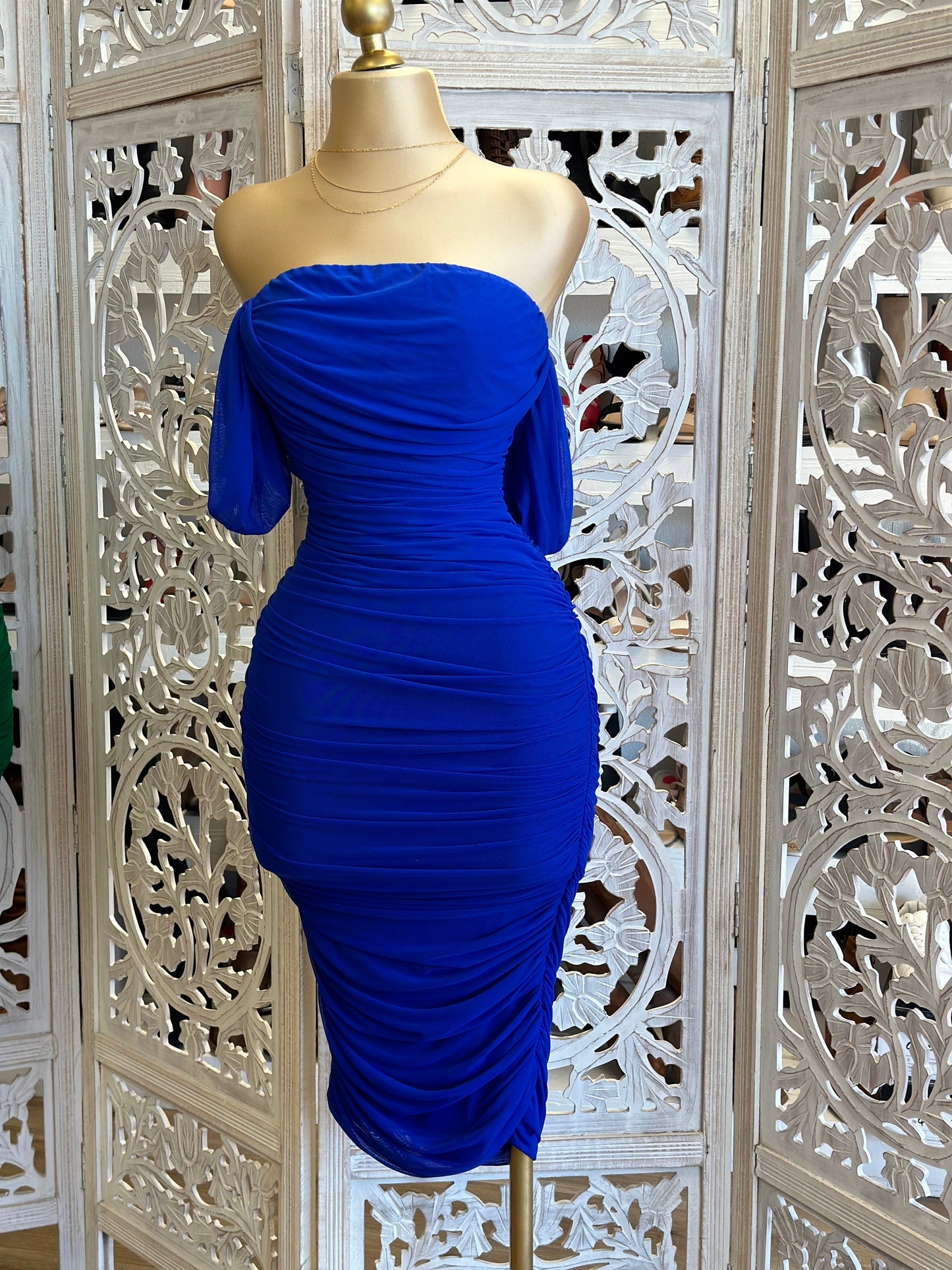 Royal Blue Off Shoulder Midi Ruched Dress- Stretchy