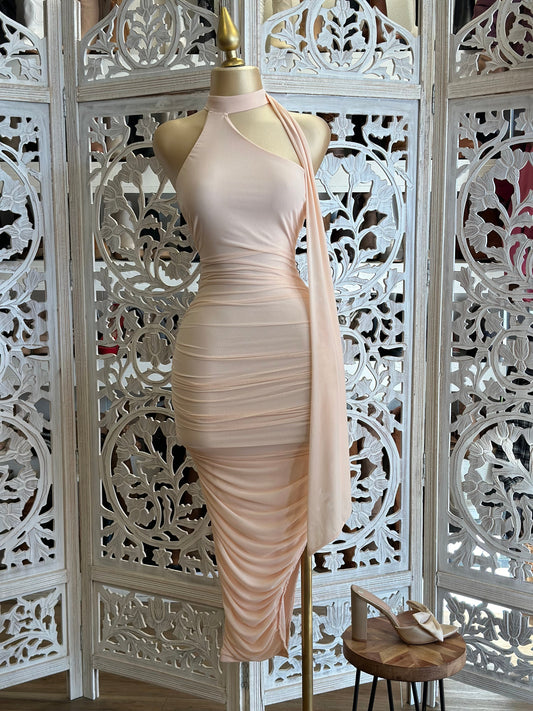 Light Pink Mock Neck Midi Dress- Stretchy