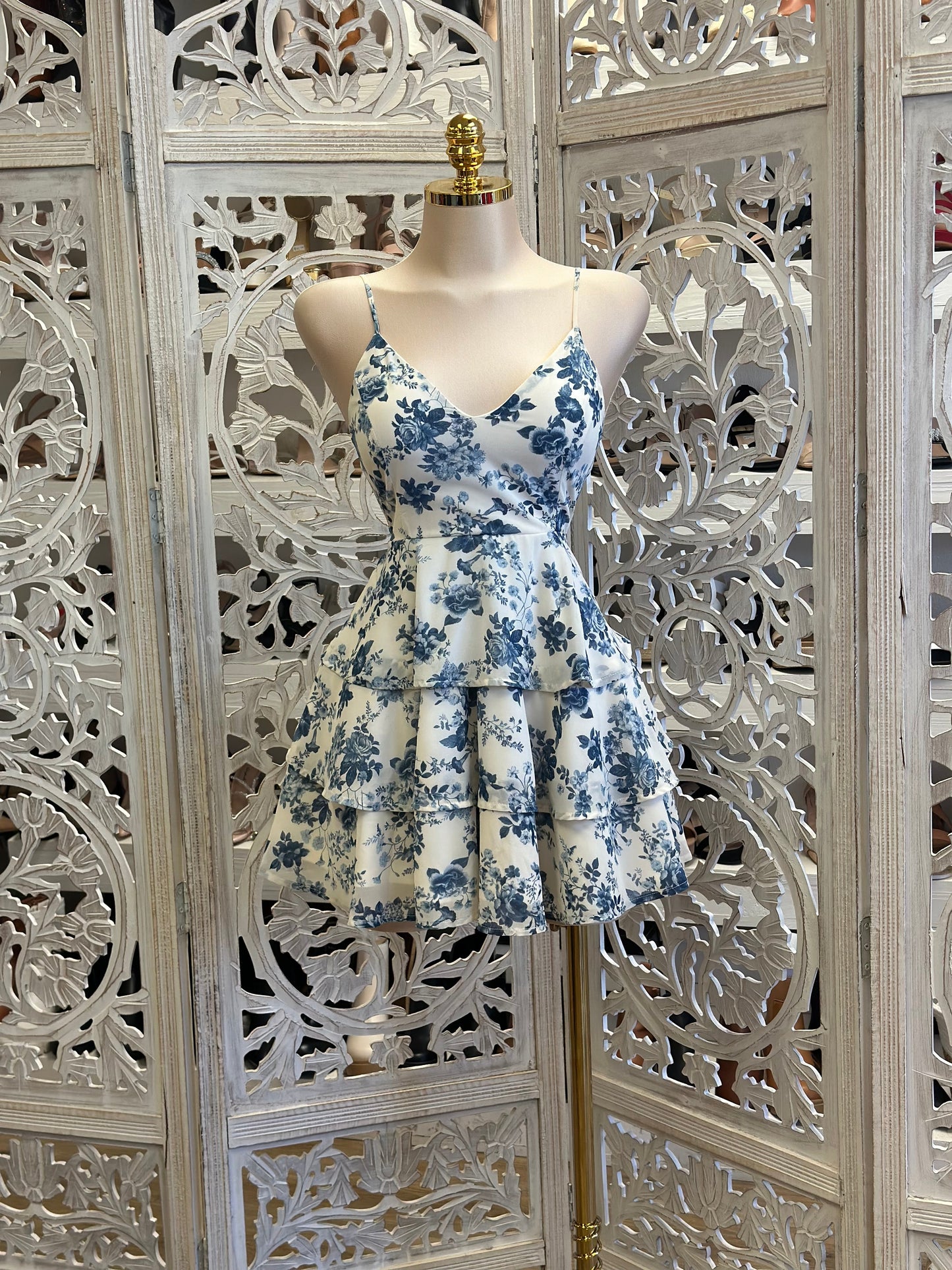 Ruffled Blue Floral Mini Dress- Slightly Stretchy