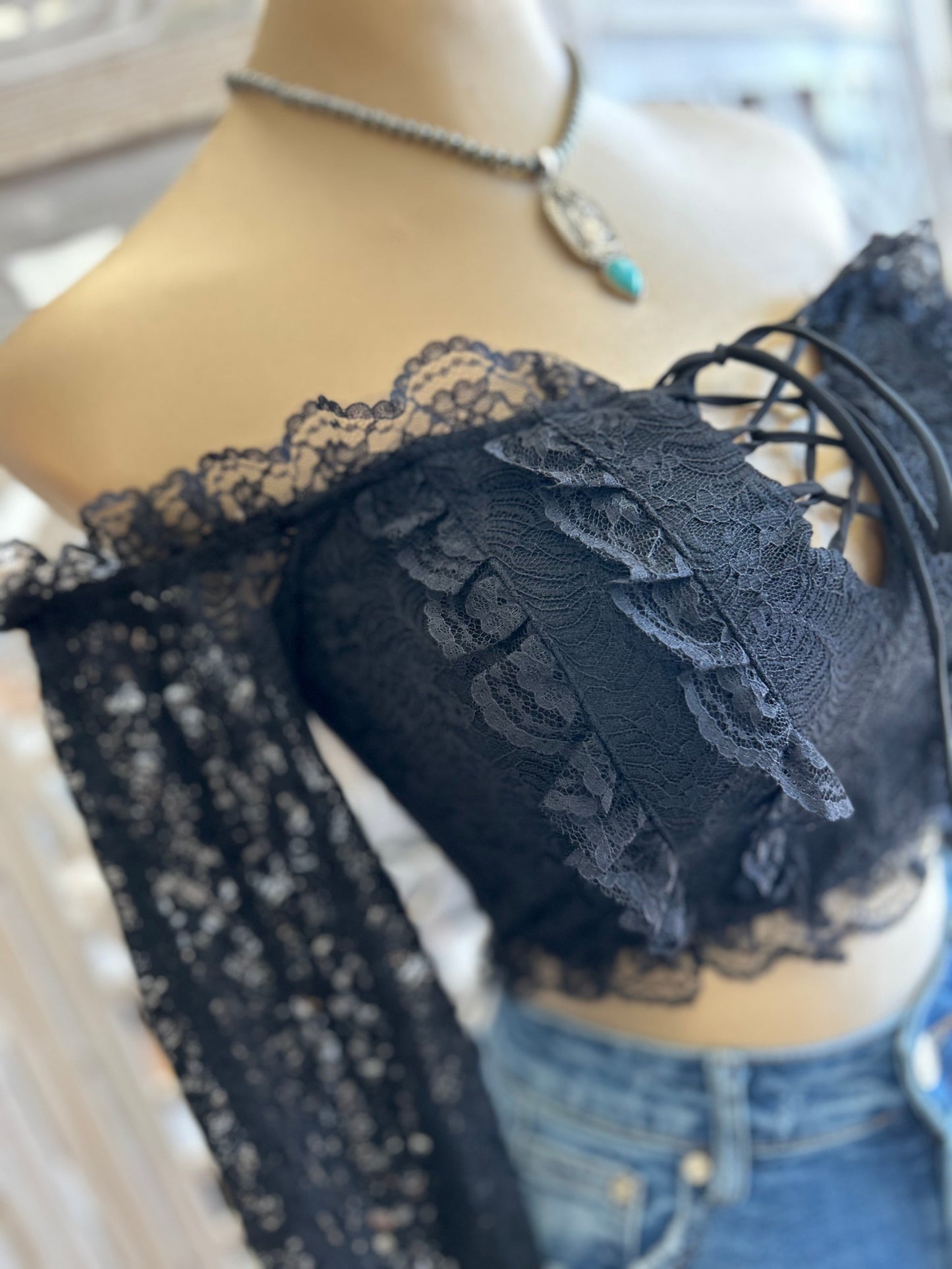 Black Lace Tie Up Off Shoulder Crop