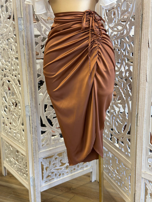 Brown Ruched Satin Midi Skirt- Stretchy