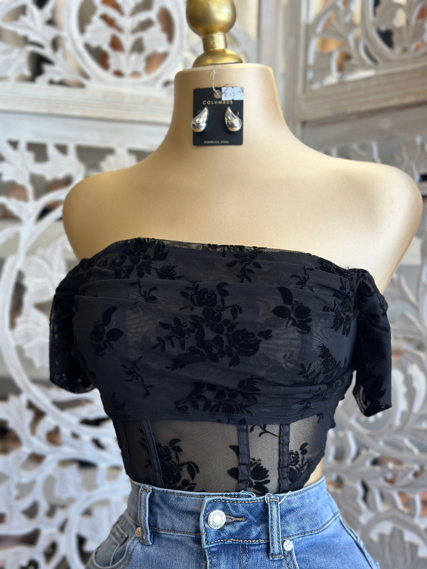 Black Corset Mesh Off Shoulder Top- Stretchy