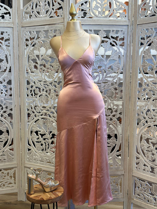 Rose Satin Strappy Slit Dress-Not Stretchy