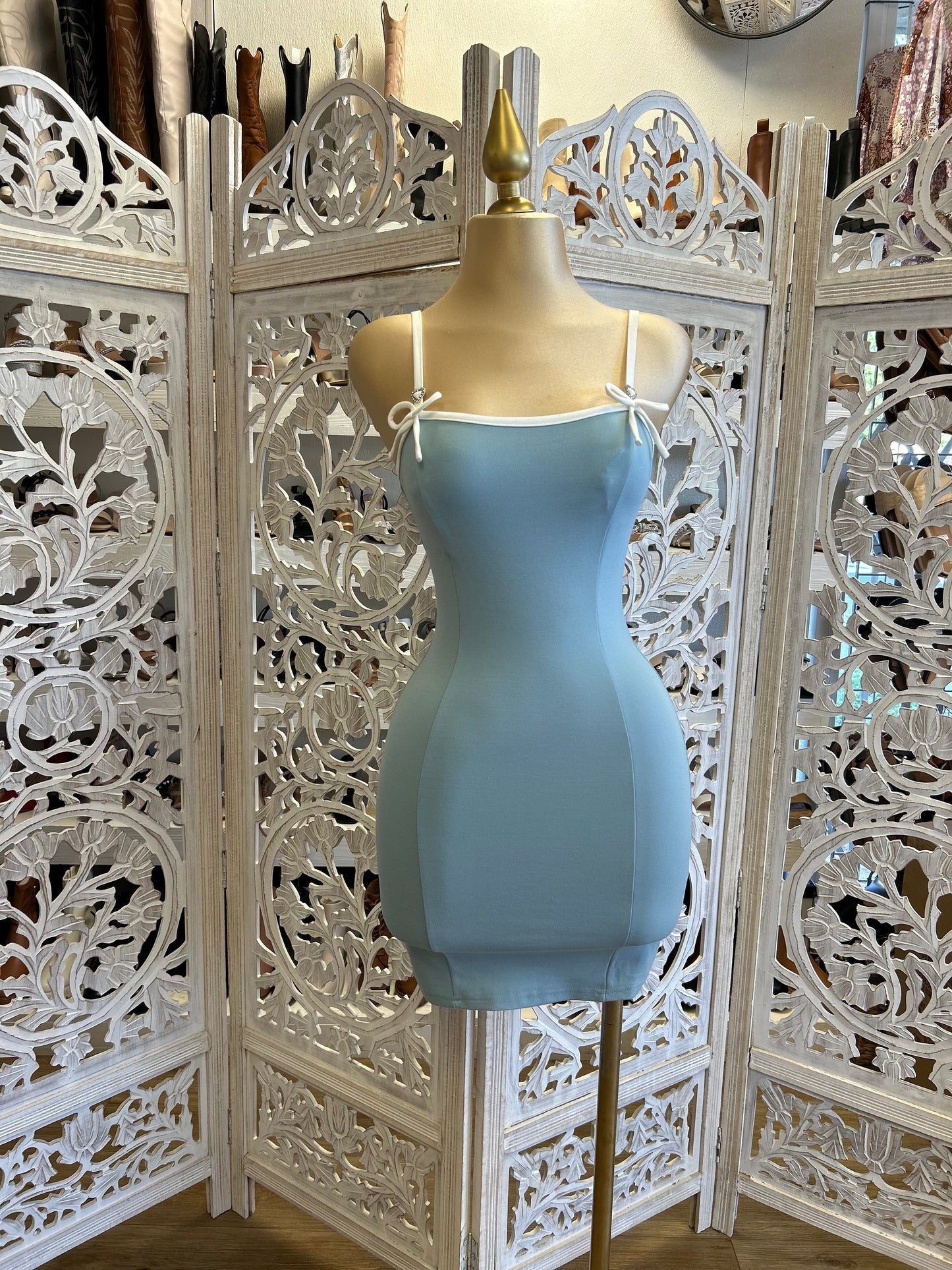 Sea Blue Ribbon Strap Bodycon Dress- Stretchy