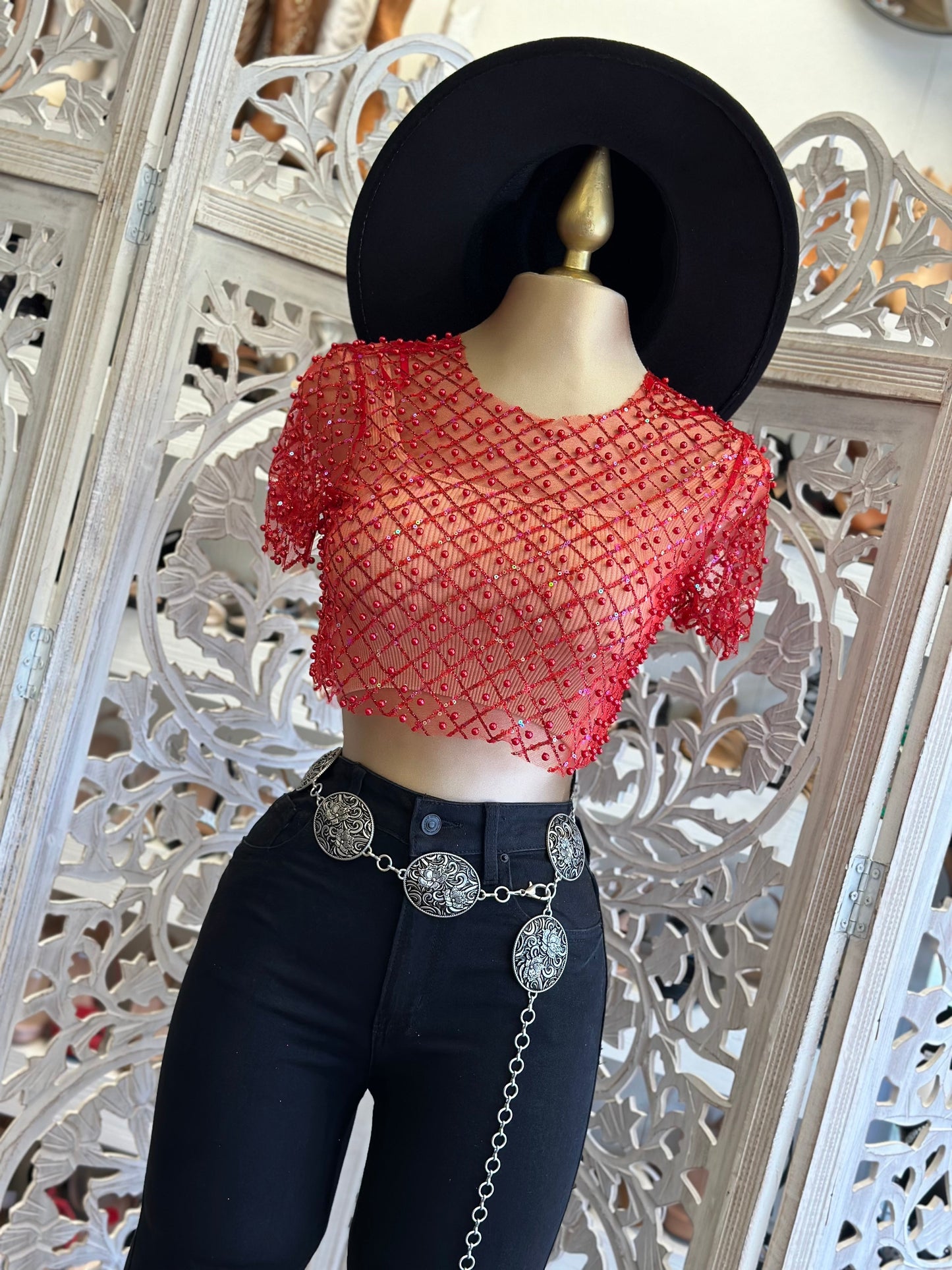 Red Mesh Rhinestone Top