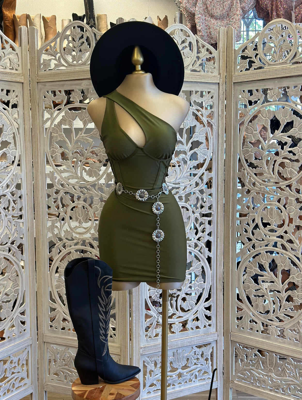 Cutout One Sleeve Olive Corset Dress