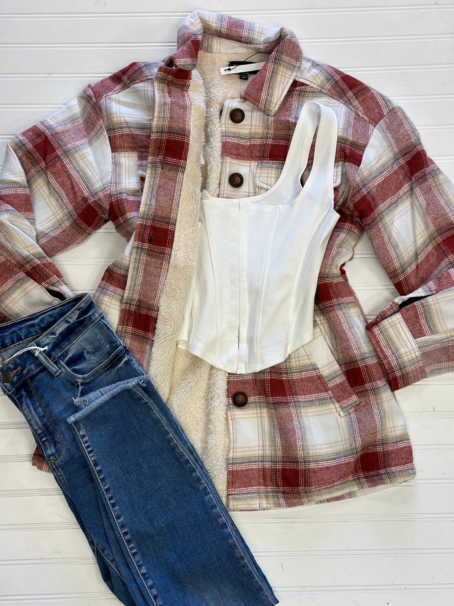 Red and White Plaid Fuzzy Jacket