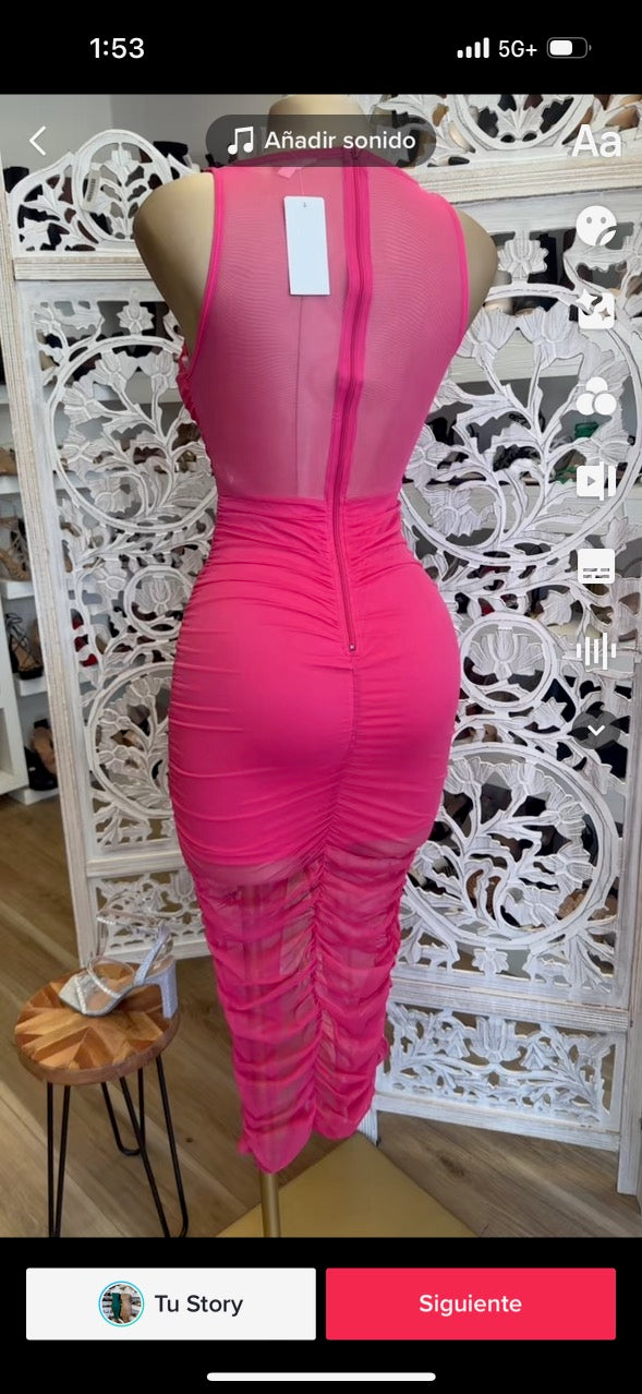 Pink Ruched Mesh Dress