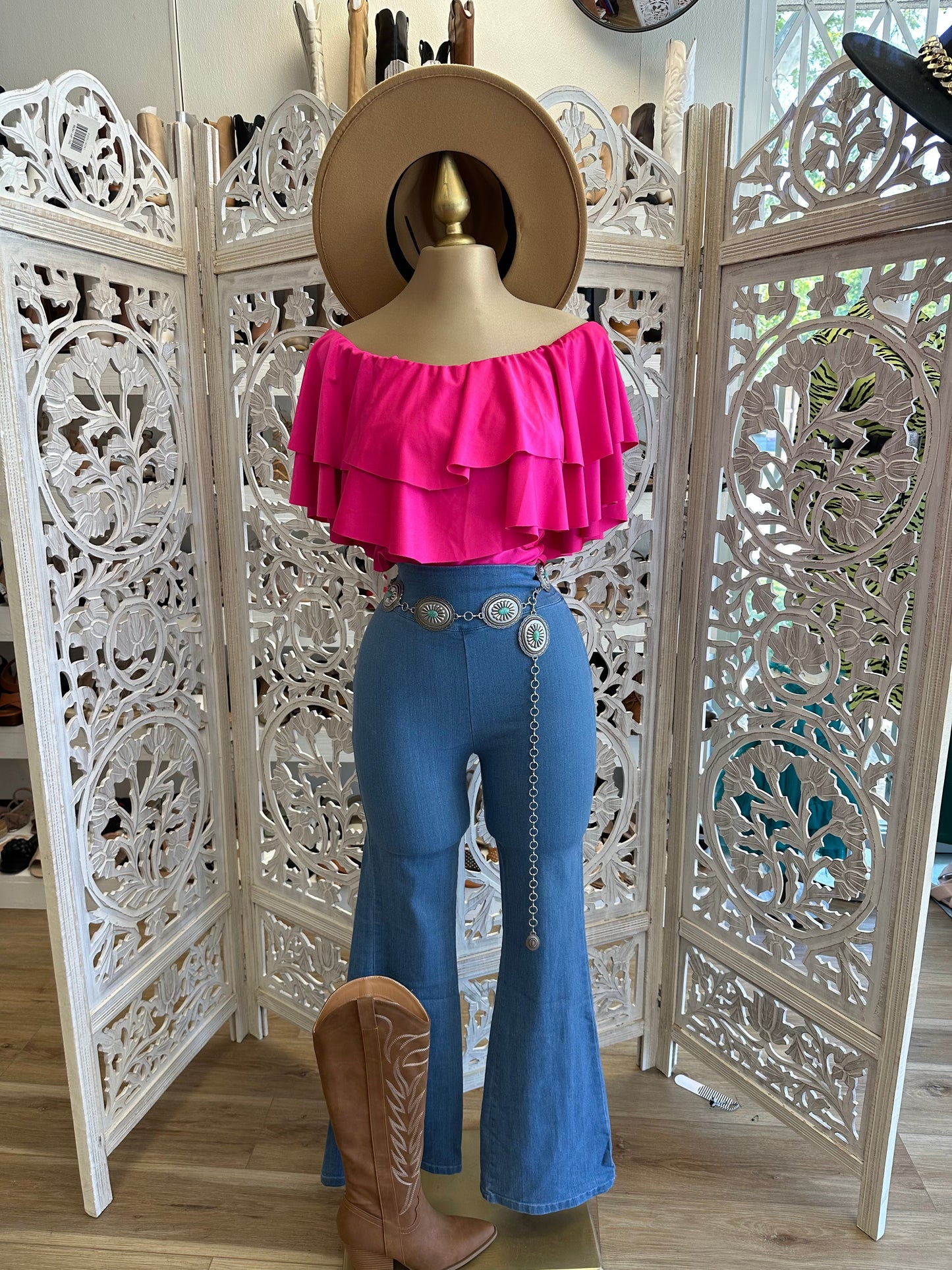 Pink Ruffled Off Shoulder Top