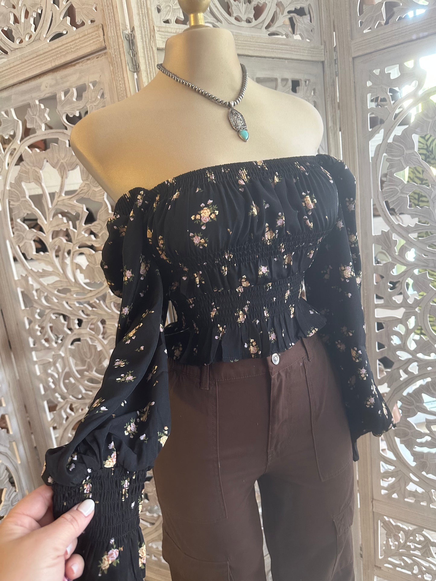 Black Floral Off Shoulder Top