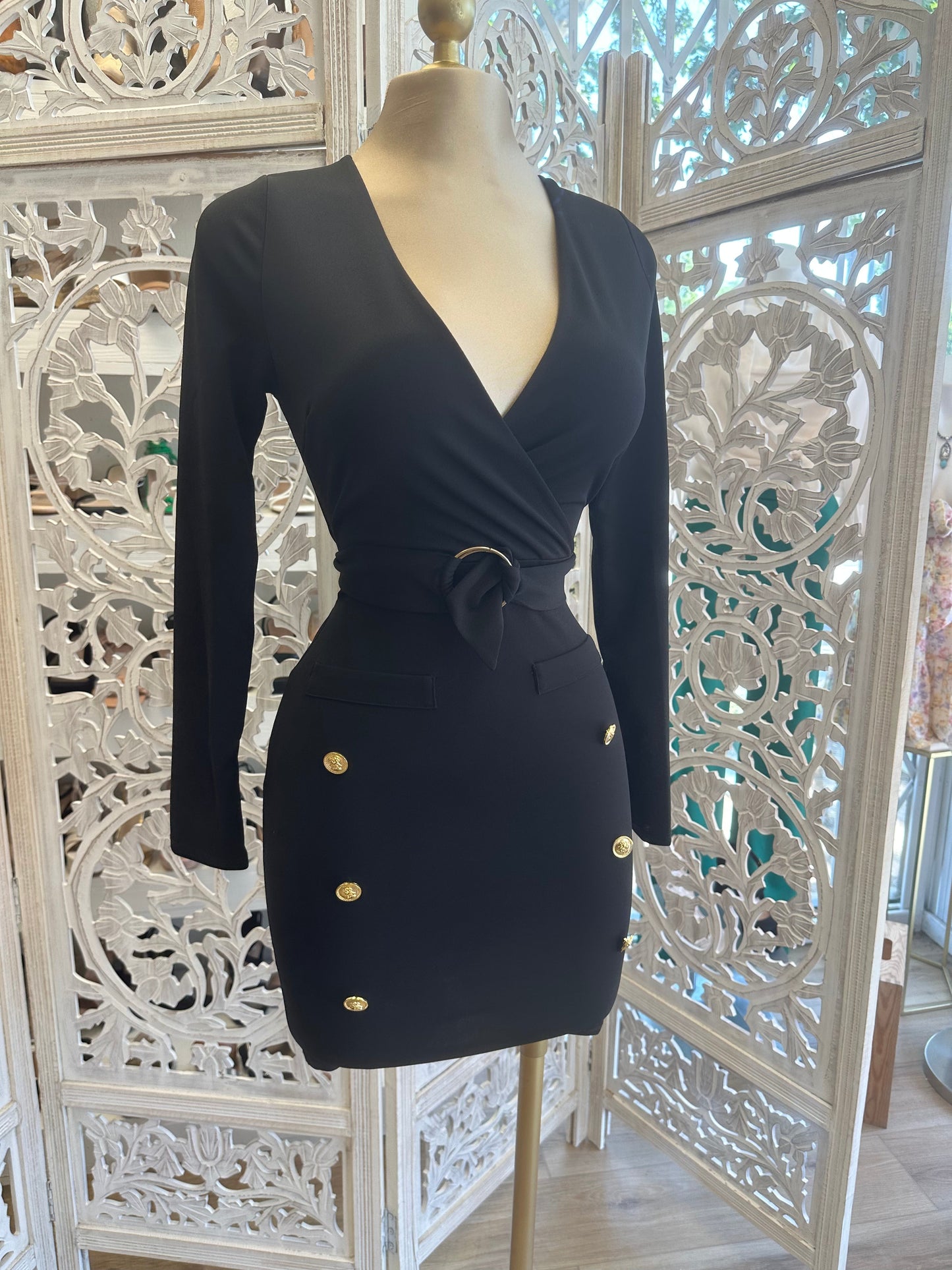 Black Wrapped Button Detail Dress