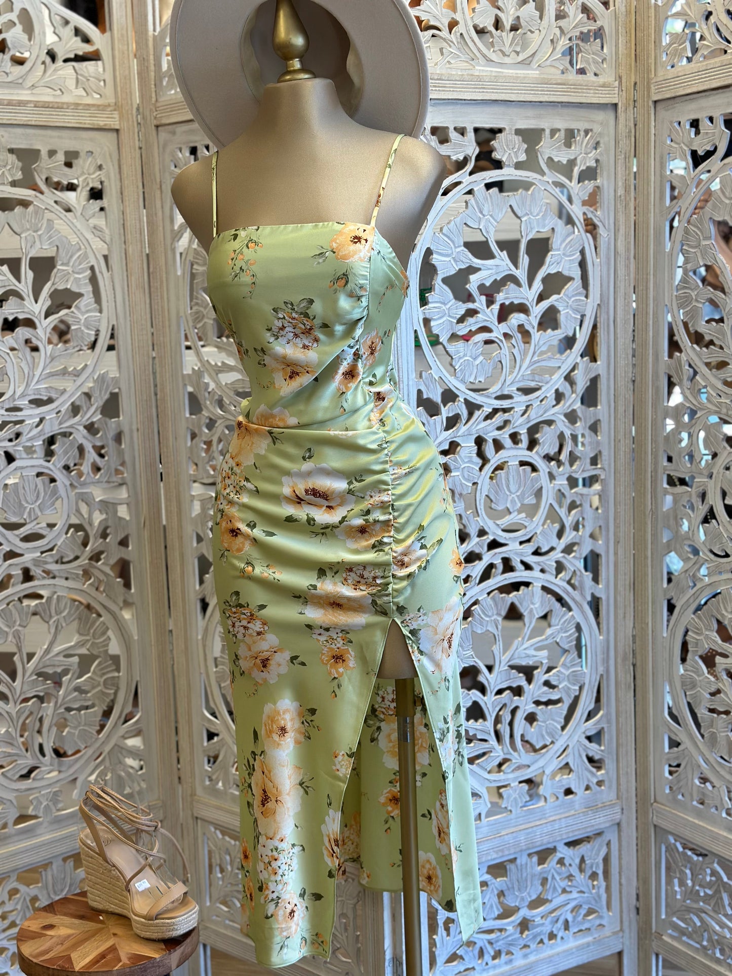 Midi Green Satin Floral Dress