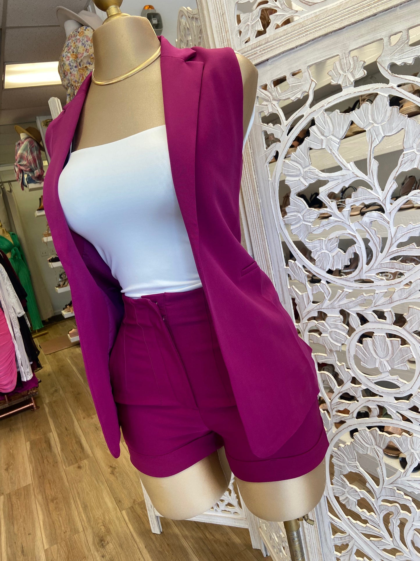 Dark Raspberry Vest Blazer Short Set