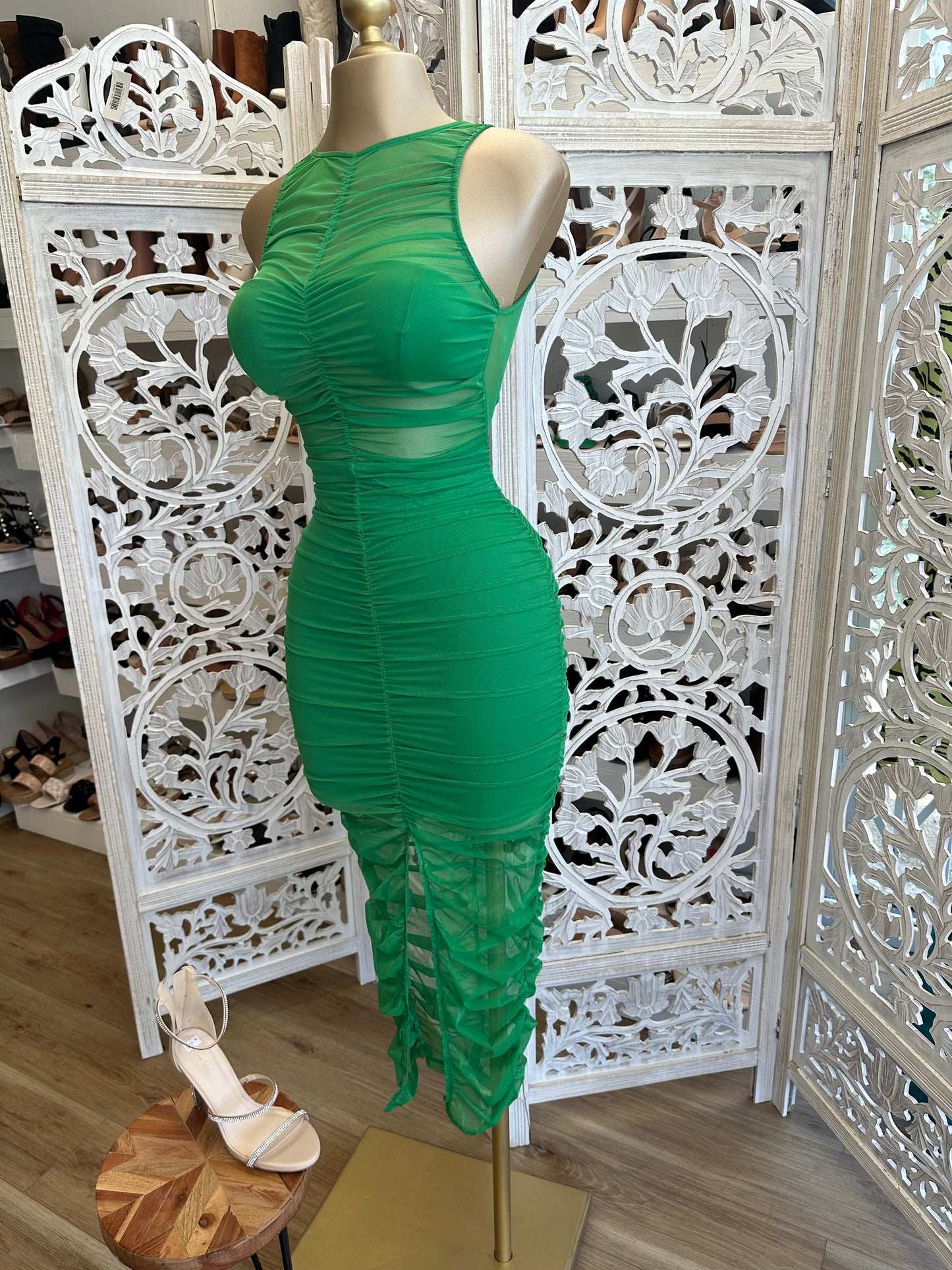 Green Ruched Mesh Dress