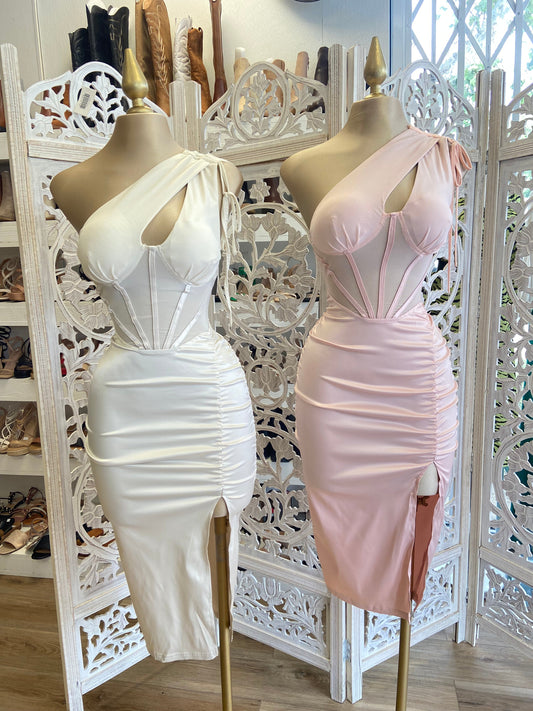 Baby Pink Satin Midi Cutout Dress