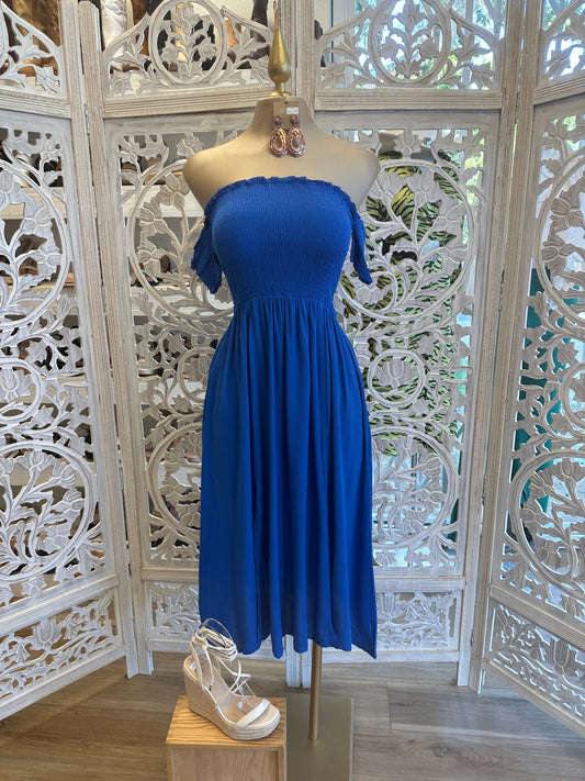 Royal Blue Smocked Midi Dress