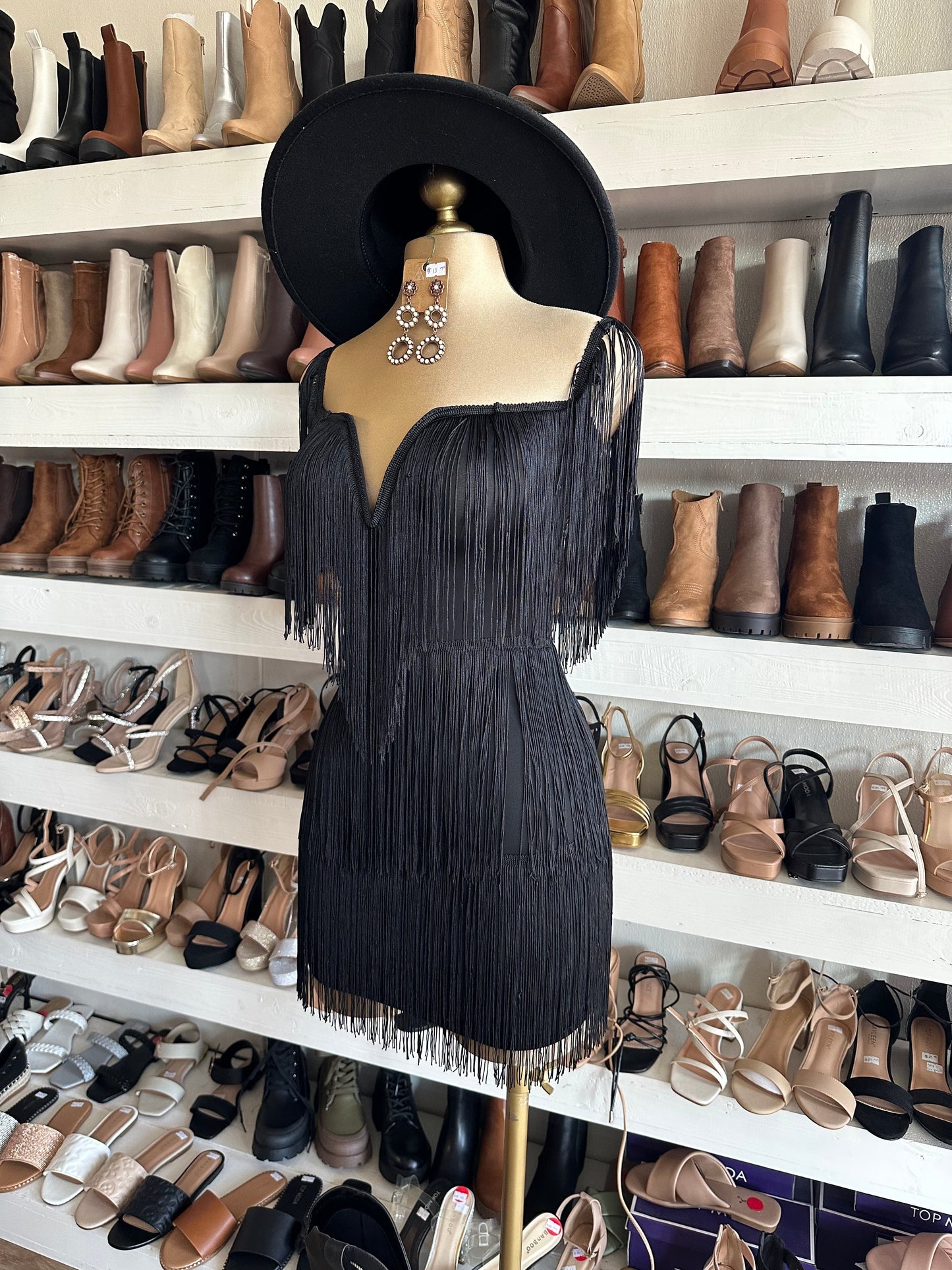 Black Fringe V Dress