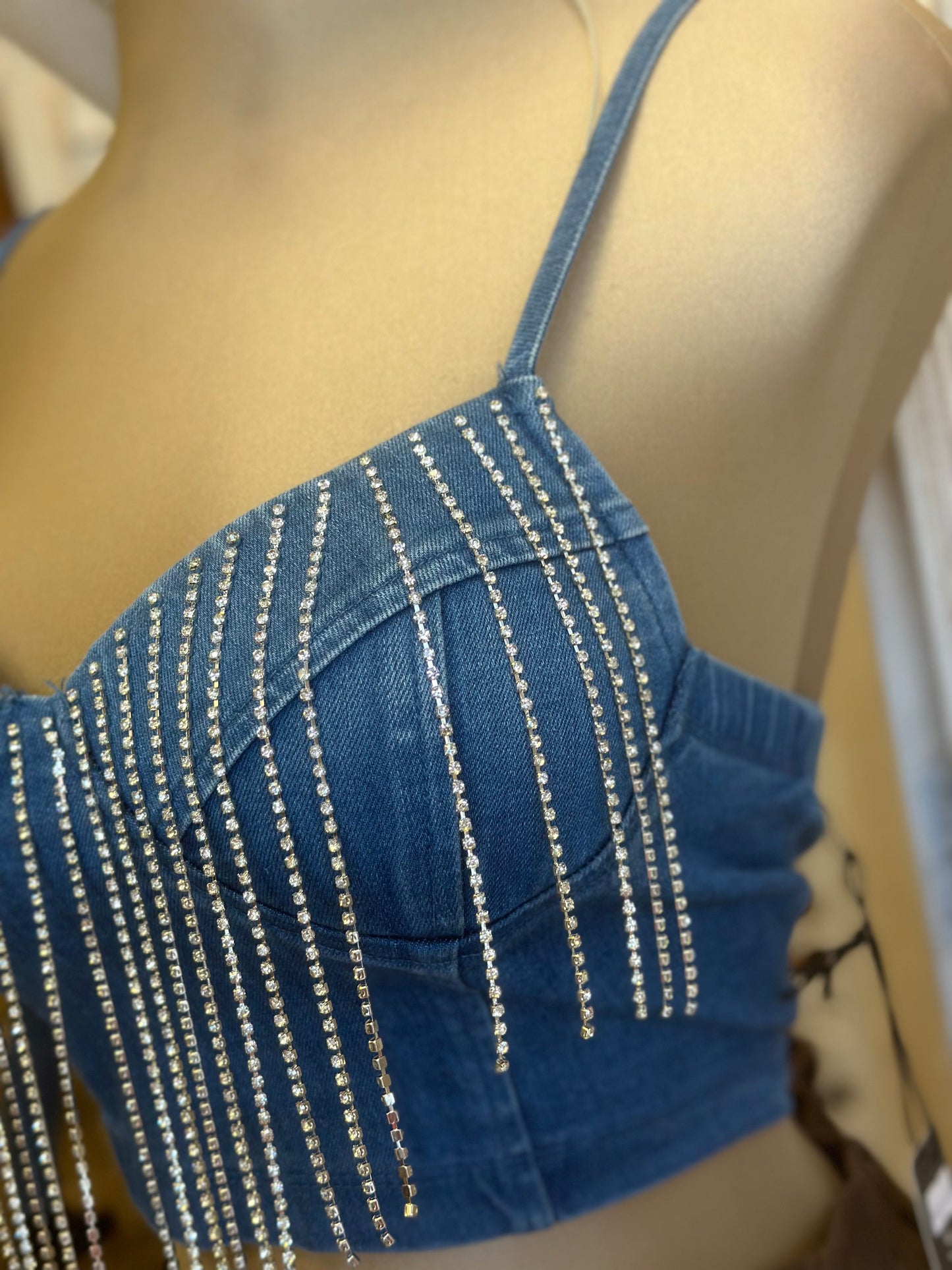 Denim Rhinestone Fringe Top