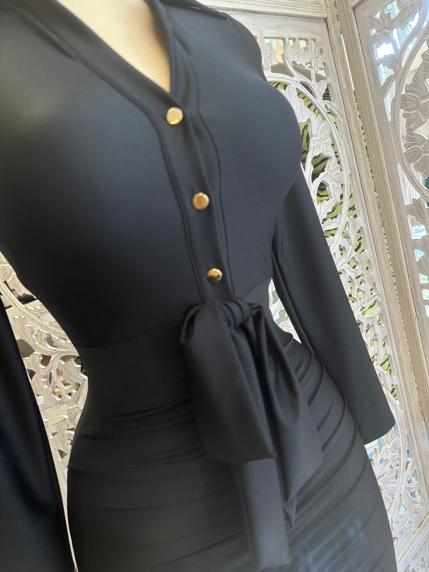 Black Button Tie Front Dress